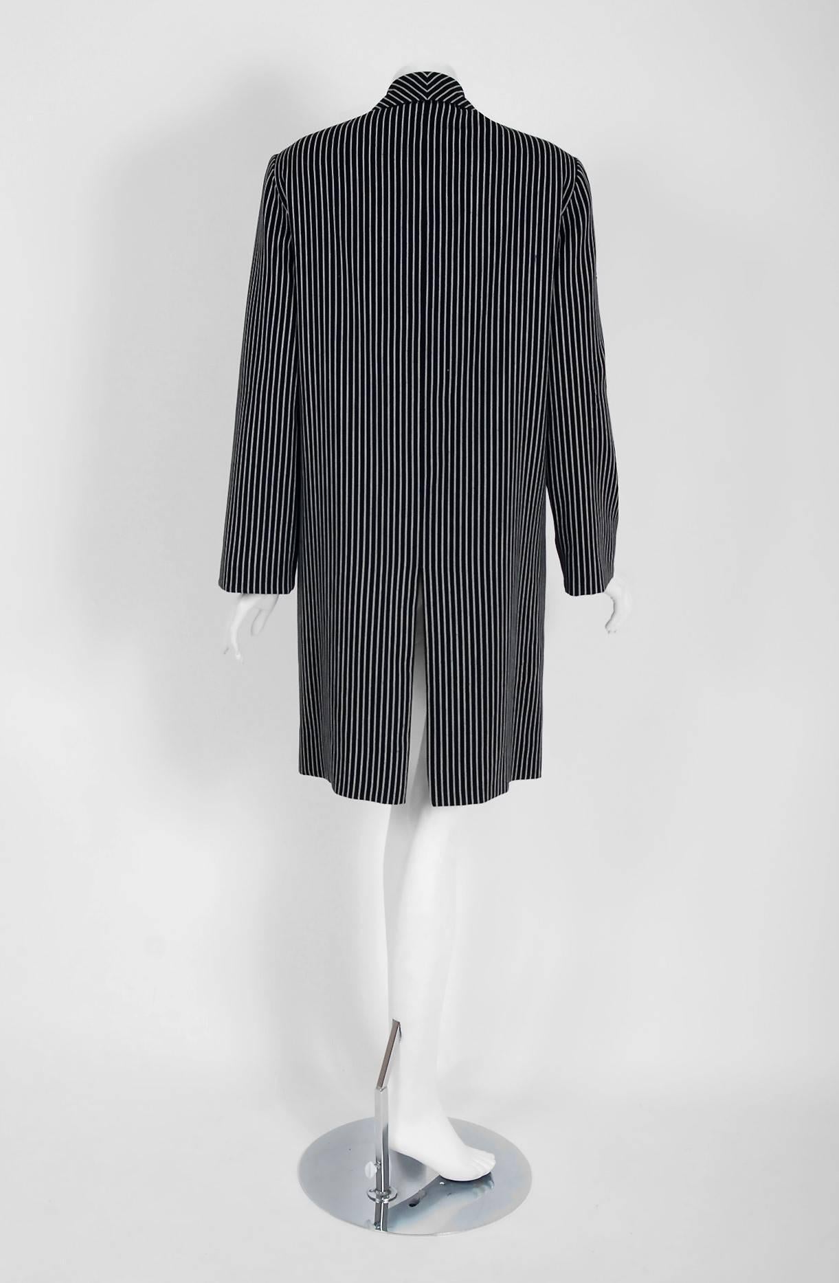 1940's Irene Black & White Deco Pinstripe Wool-Gabardine Crombie Jacket Coat 2