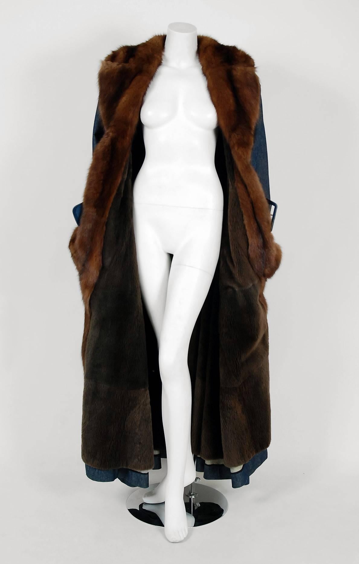 1970'S Galanos Couture Russian Sable-Fur & Denim Belted Maxi Princess Coat  1