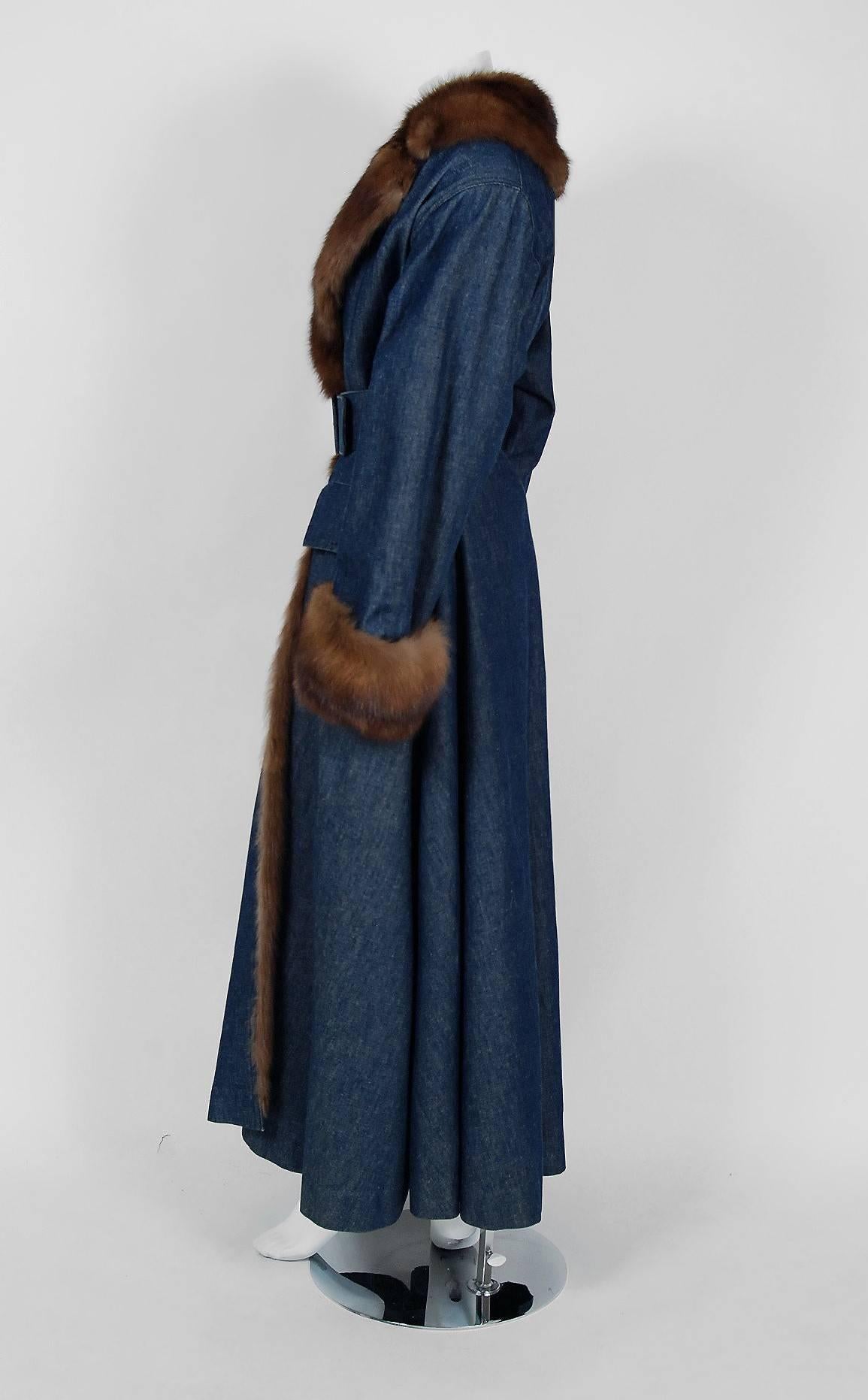 Breathtaking Galanos Couture genuine Russian Sable fur and blue denim princess coat which originally retailed for over $20,000. Dedication to excellence in craftsmanship and design was the foundation of James Galanos' career. The quality of