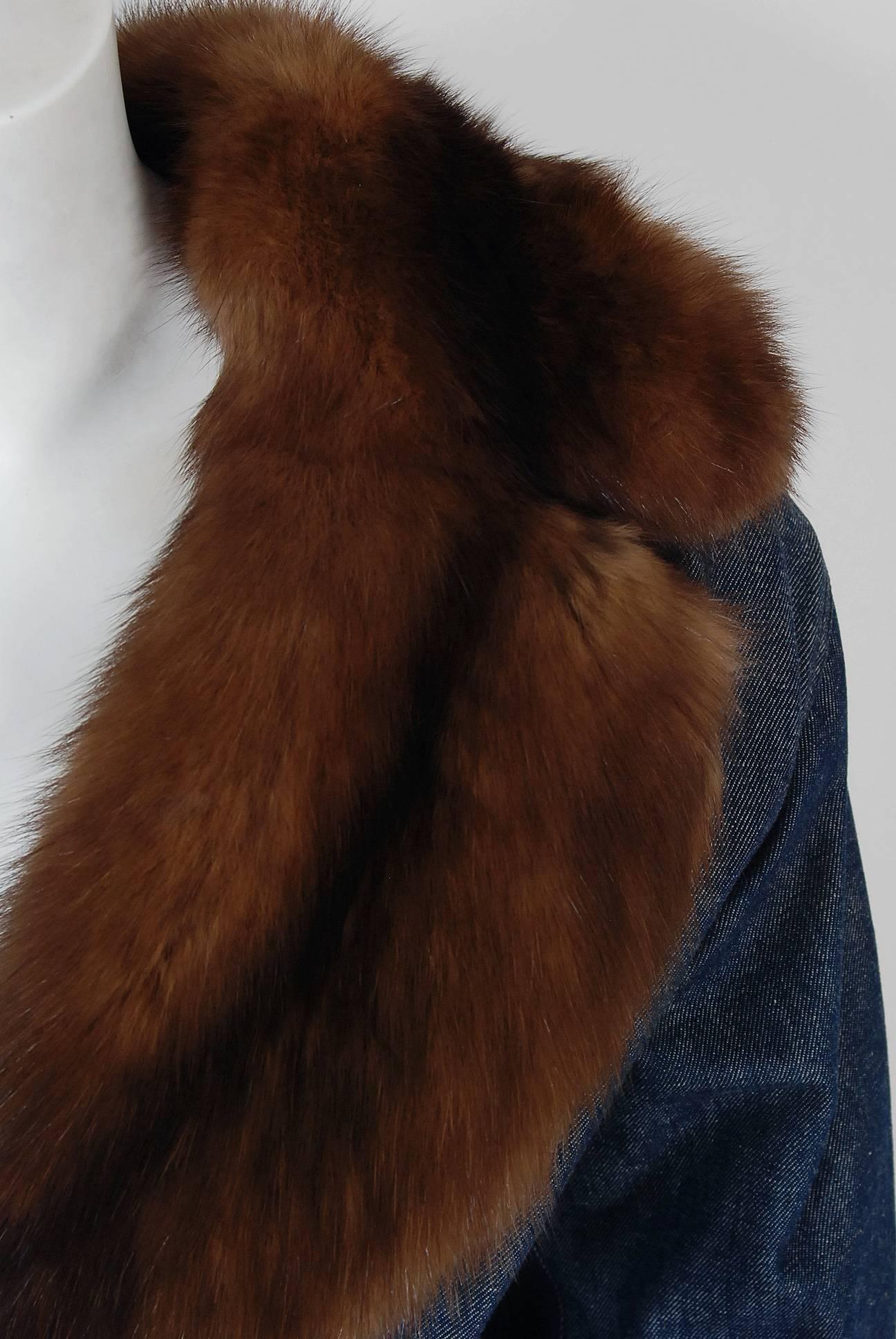 Women's 1970'S Galanos Couture Russian Sable-Fur & Denim Belted Maxi Princess Coat 