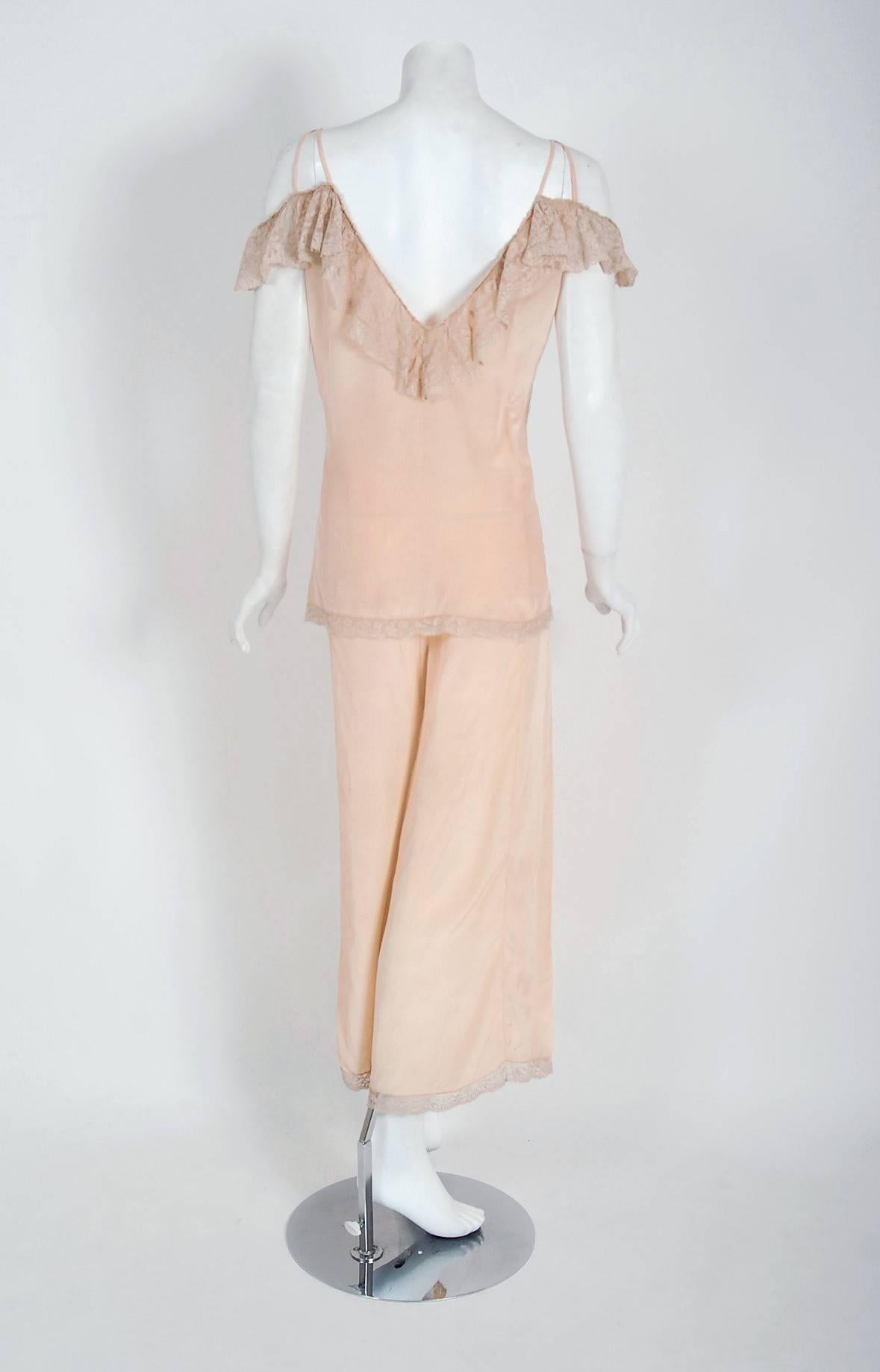 Women's 1930's Carolyn Paris Couture Pink Silk Lace Off-Shoulder Lounge Pants Ensemble