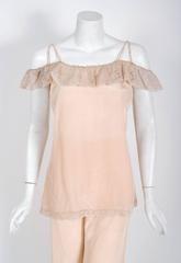 1930's Carolyn Paris Couture Pink Silk Lace Off-Shoulder Lounge Pants Ensemble