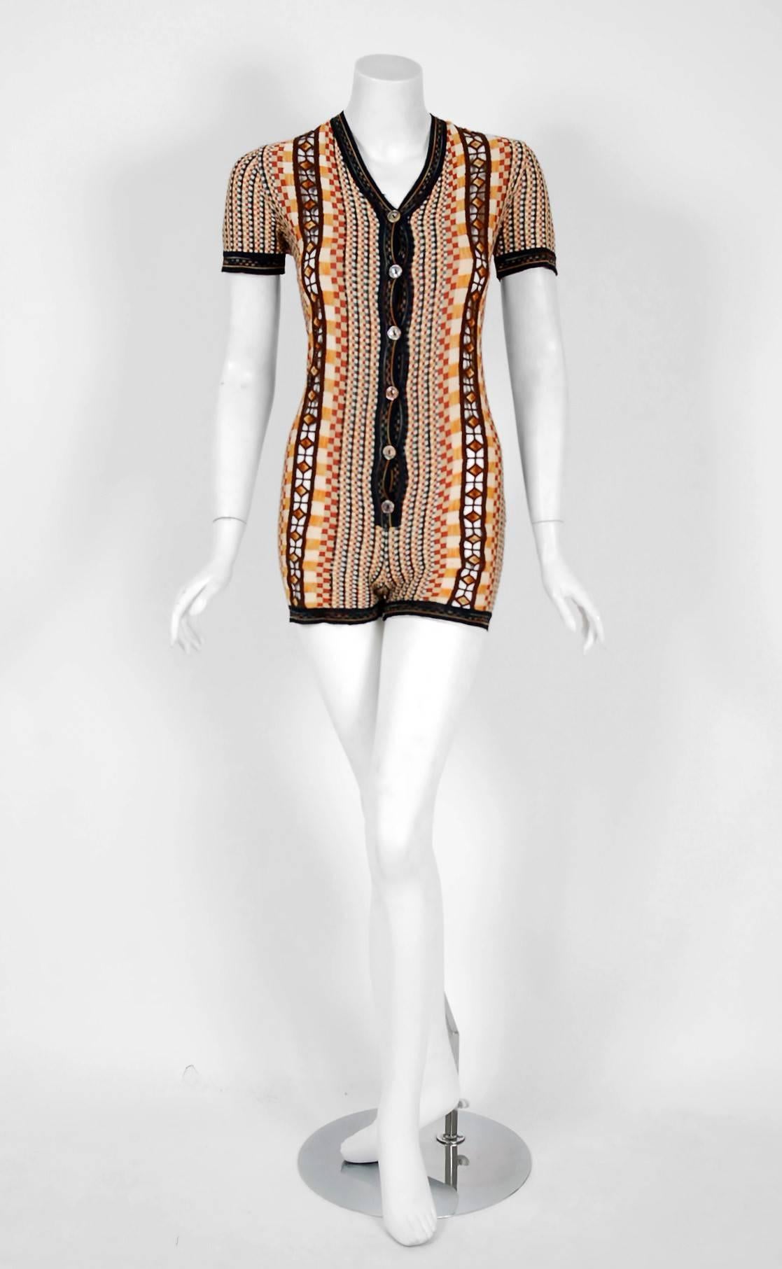 Exceptional Jean Paul Gaultier silk-knit romper dating back to the early 1990's.  Gaultier's style challenges standard views of fashion and he is famously known for collaborating with Madonna in 1990 to create her infamous conical bras. The fabric