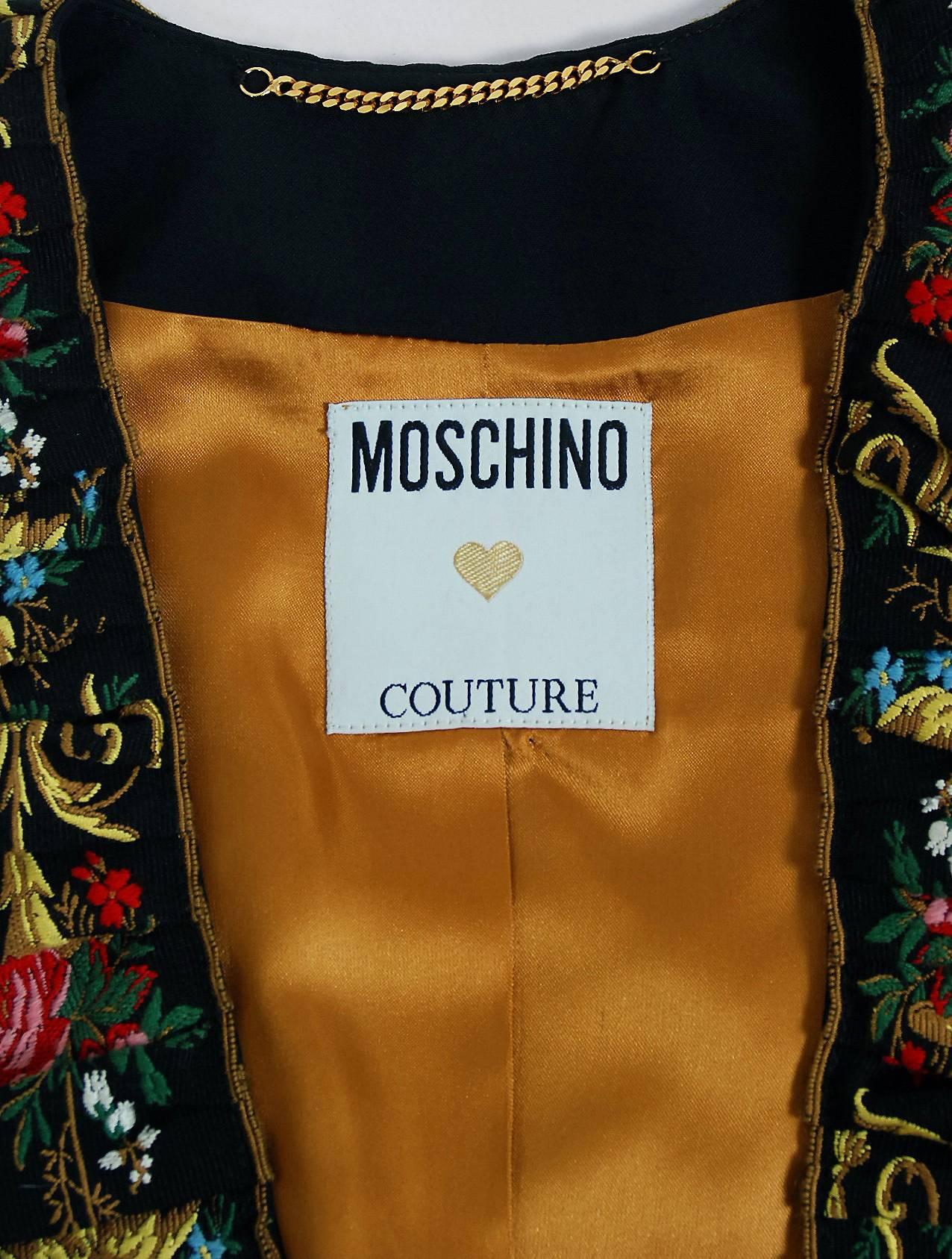 1990's Moschino Couture Colorful Floral Embroidered Black Silk Cropped Jacket   2