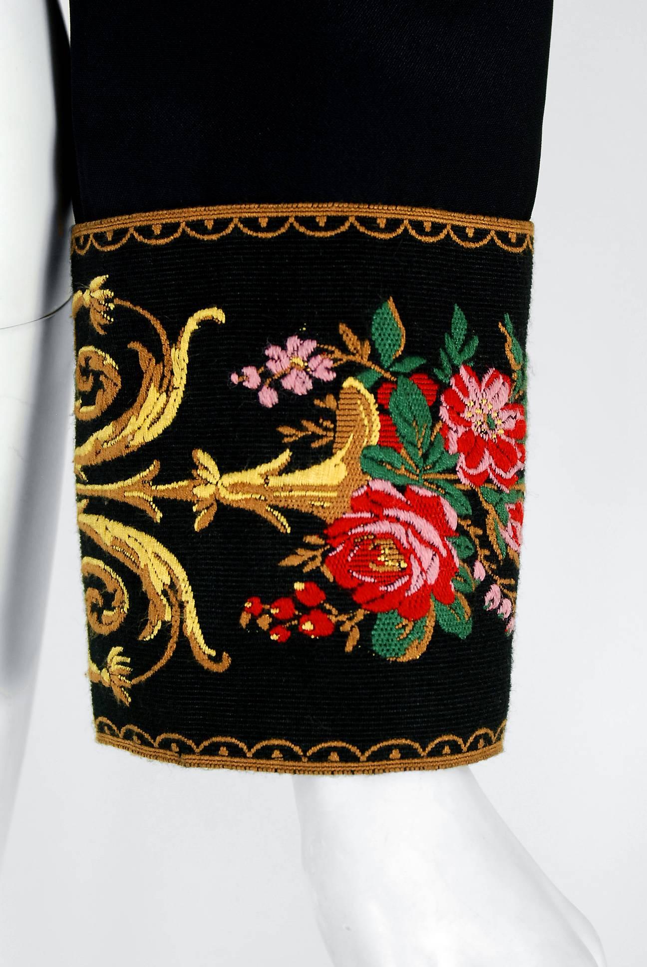 1990's Moschino Couture Colorful Floral Embroidered Black Silk Cropped Jacket   In Excellent Condition In Beverly Hills, CA