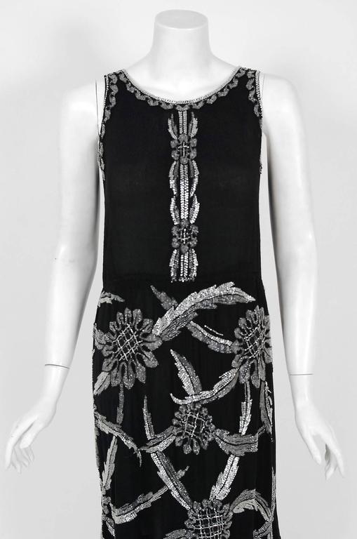 1920's French Black Graphic Floral Deco Beaded Silk Drop-Waist Flapper ...