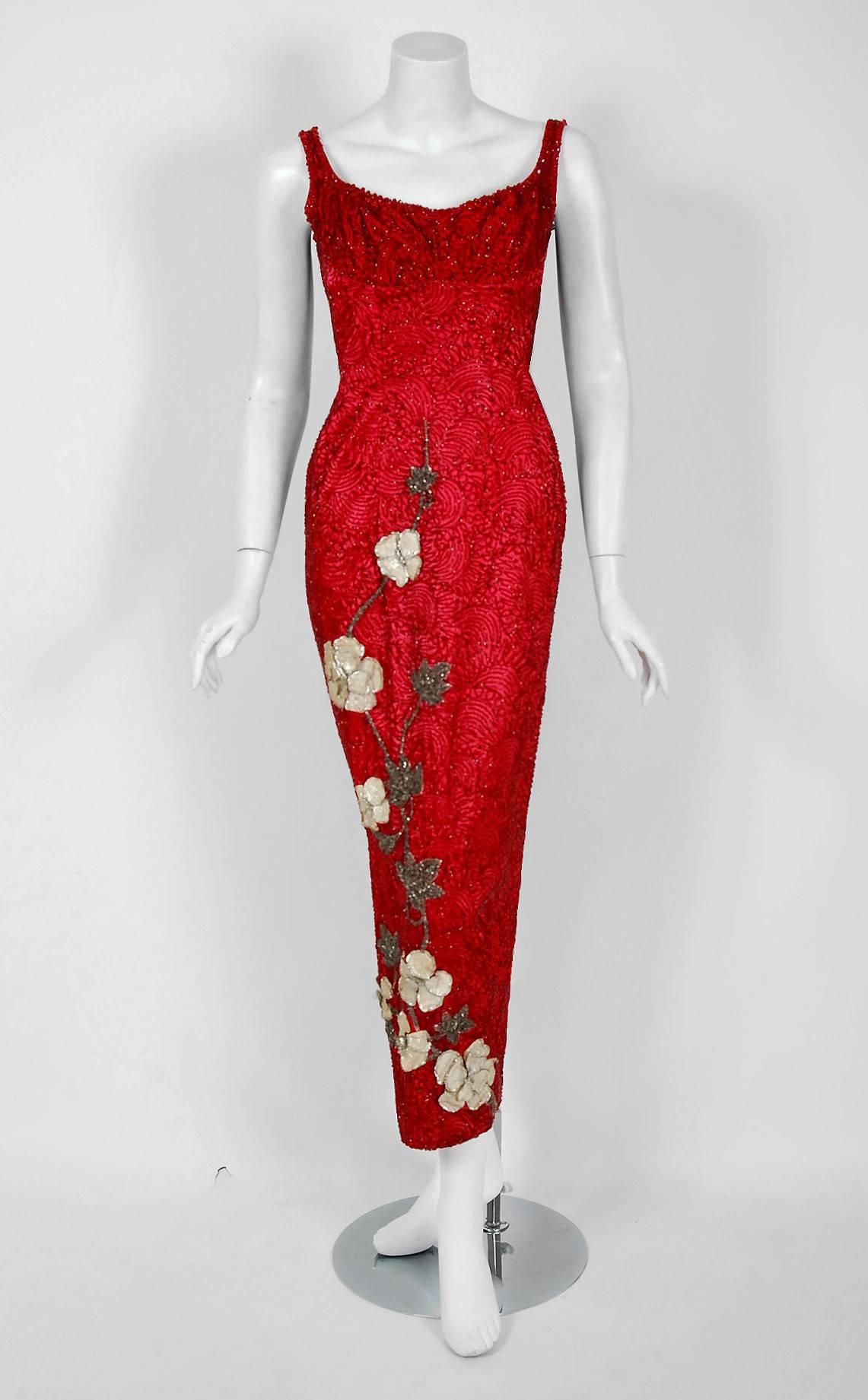1950's Seductive RubyRed Beaded Satin Floral Applique ShelfBust