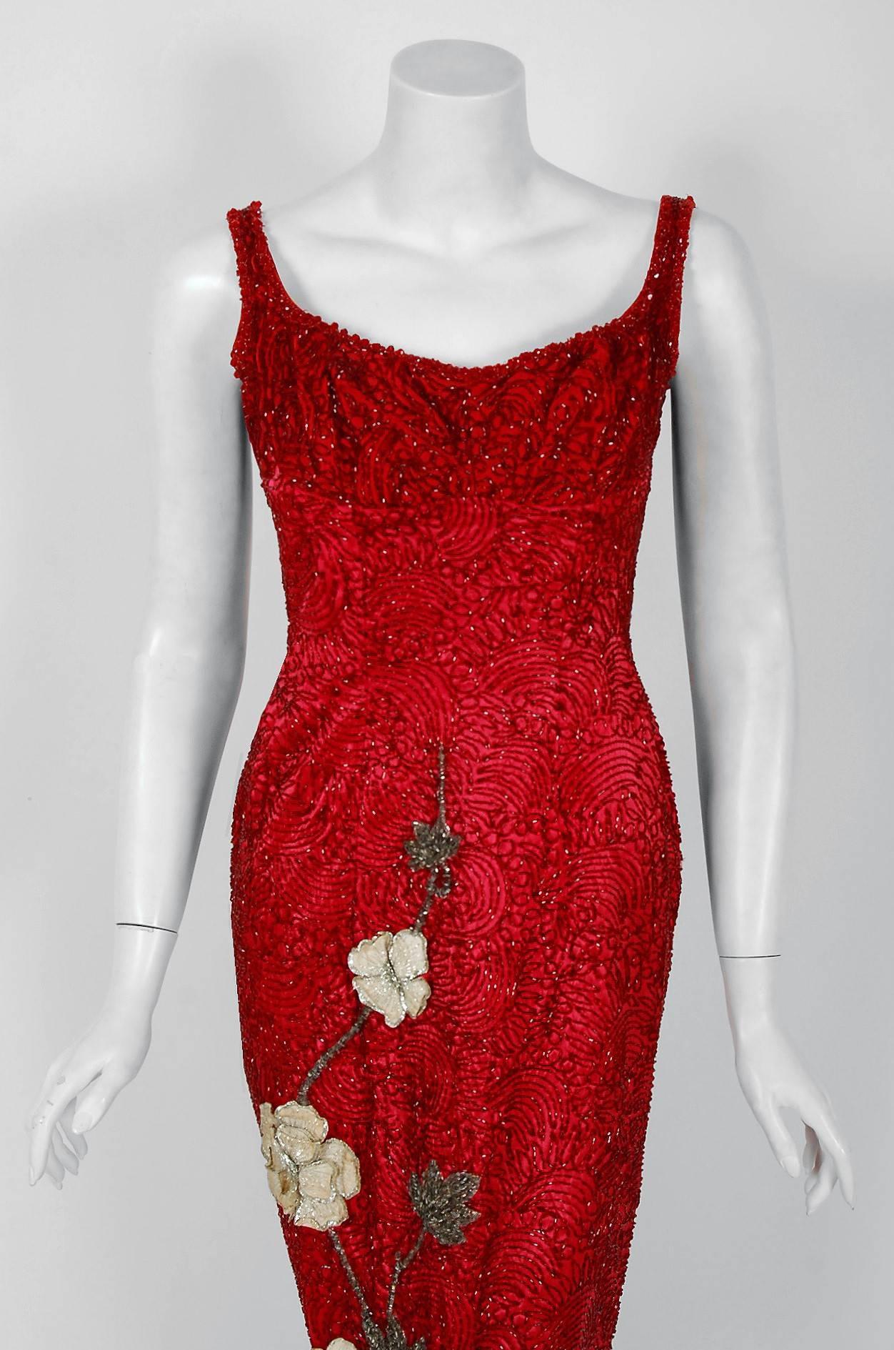 1950's Seductive Ruby-Red Beaded Satin Floral Applique Shelf-Bust Couture Gown In Excellent Condition In Beverly Hills, CA