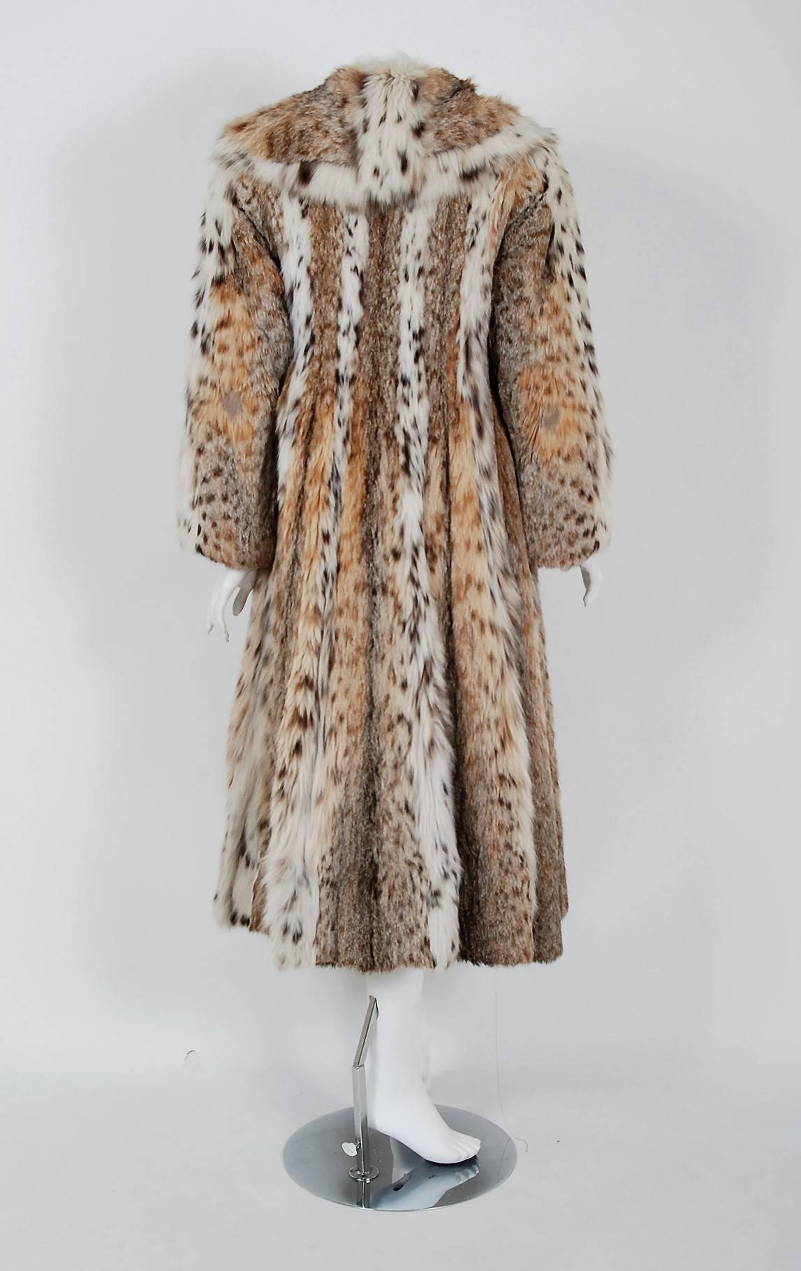 1960's Ben-Ric Couture Genuine Lynx Fur Spotted Cat Shawl-Collar Princess Coat In Excellent Condition In Beverly Hills, CA