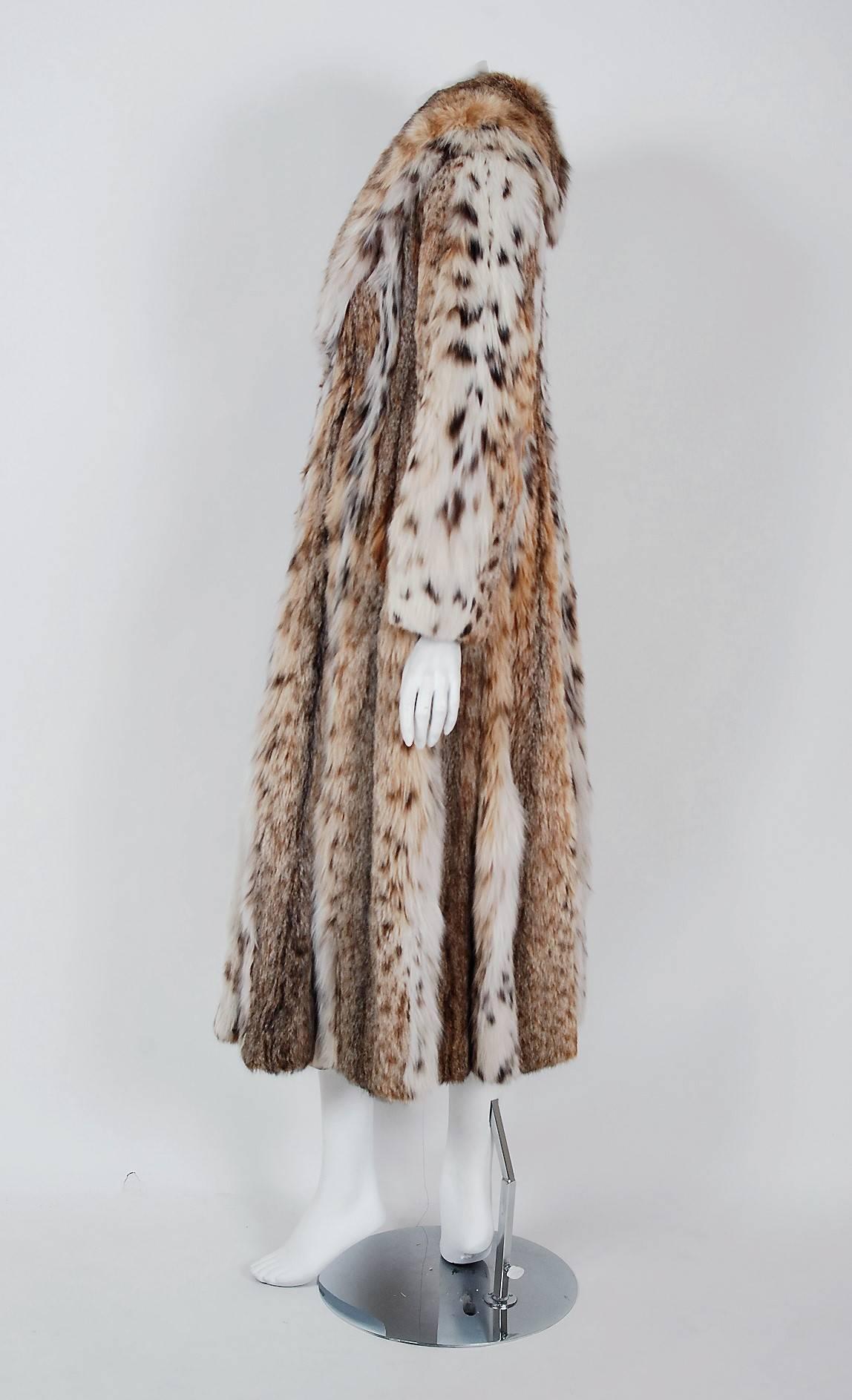 Brown 1960's Ben-Ric Couture Genuine Lynx Fur Spotted Cat Shawl-Collar Princess Coat