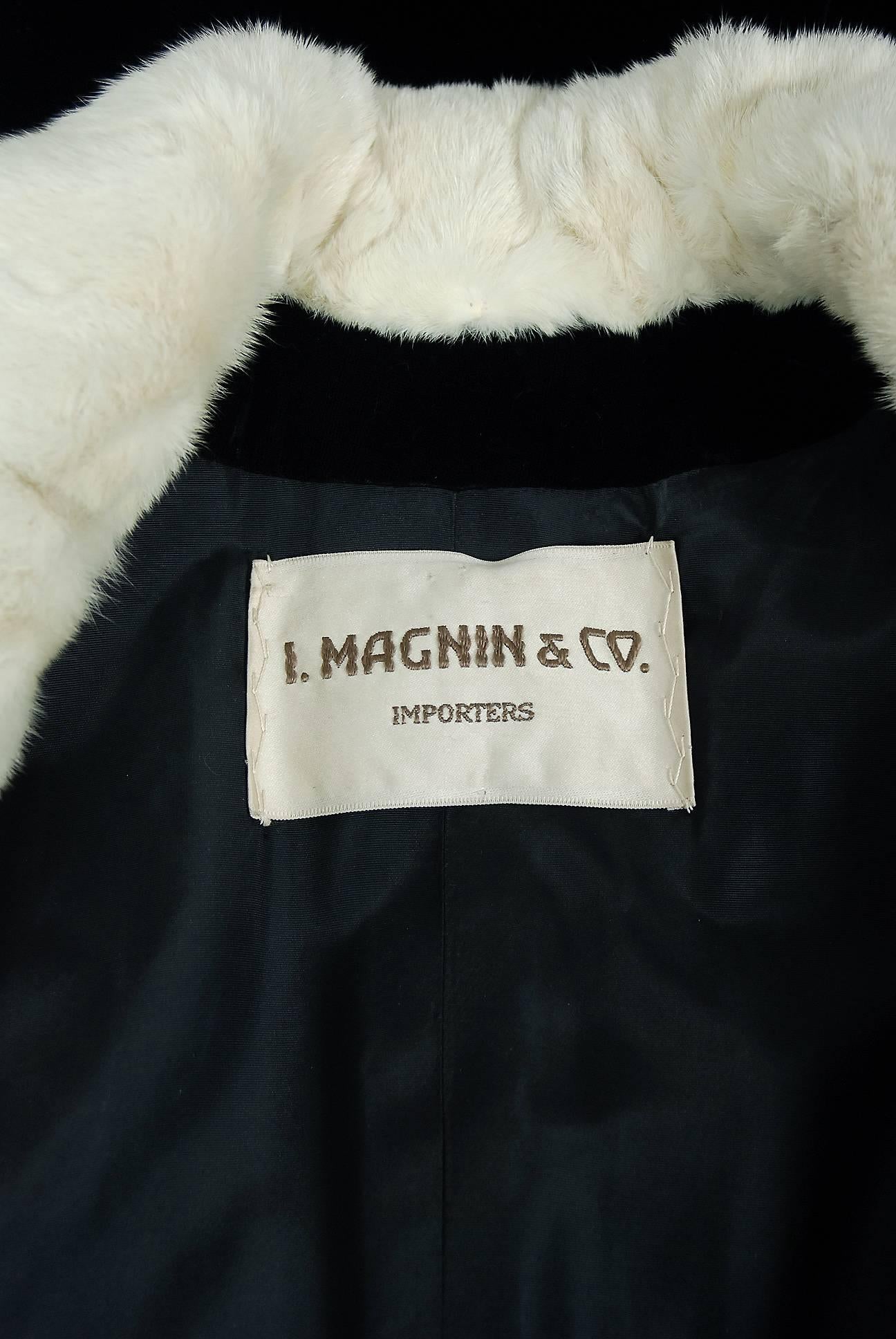 Women's 1930's I.Magnin White Ermine Fur & Black Velvet Puff-Sleeve Maxi Coat Jacket 