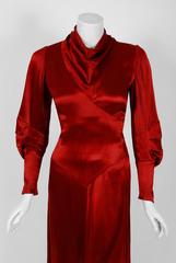 1930's Elegant Ruby Red Satin Sculpted Cowl-Neck Deco Poet-Sleeve Belted Dress