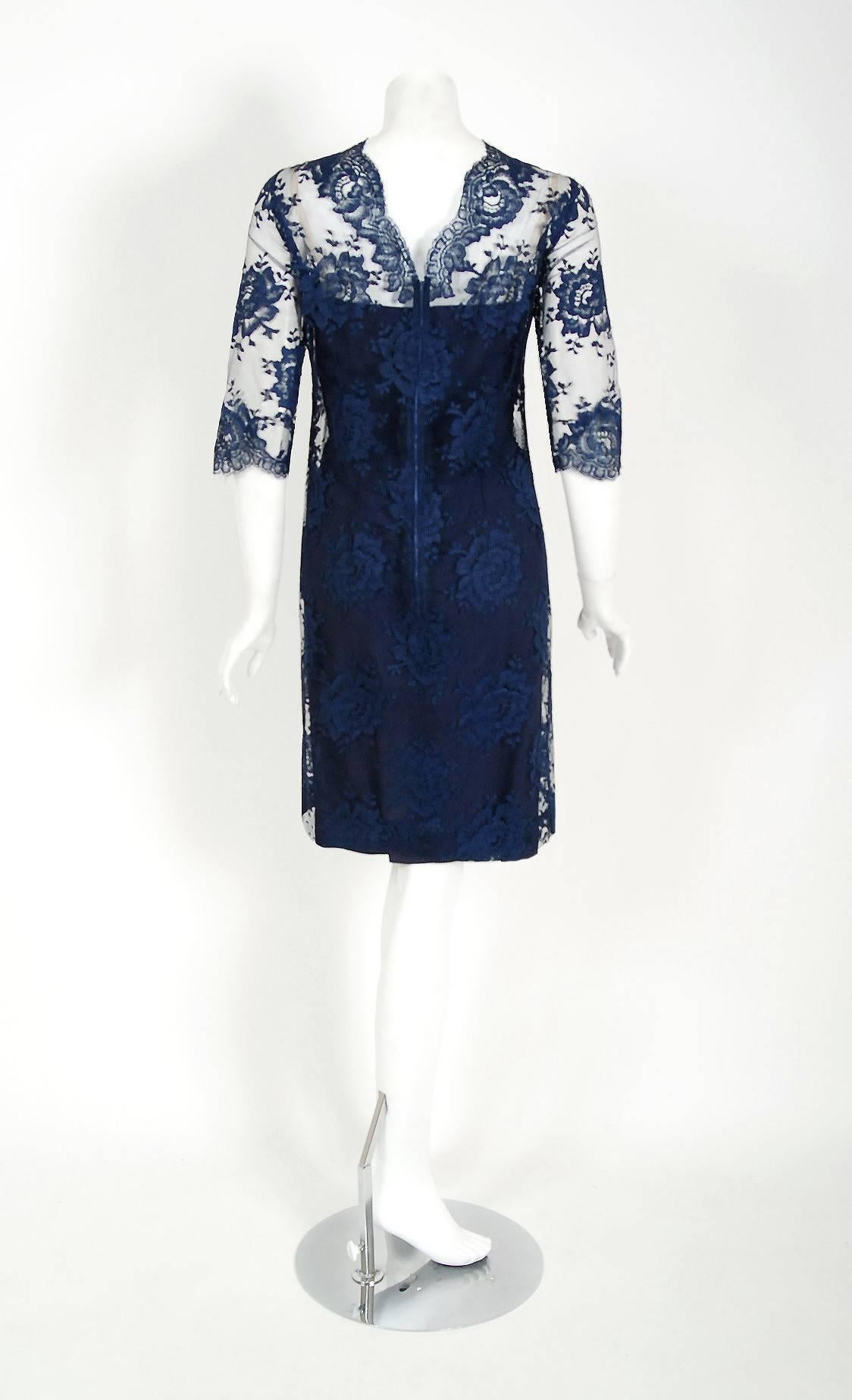 1958 Jean Desses Demi-Couture Navy Rose-Garden Lace Shelf-Bust Cocktail Dress In Excellent Condition In Beverly Hills, CA