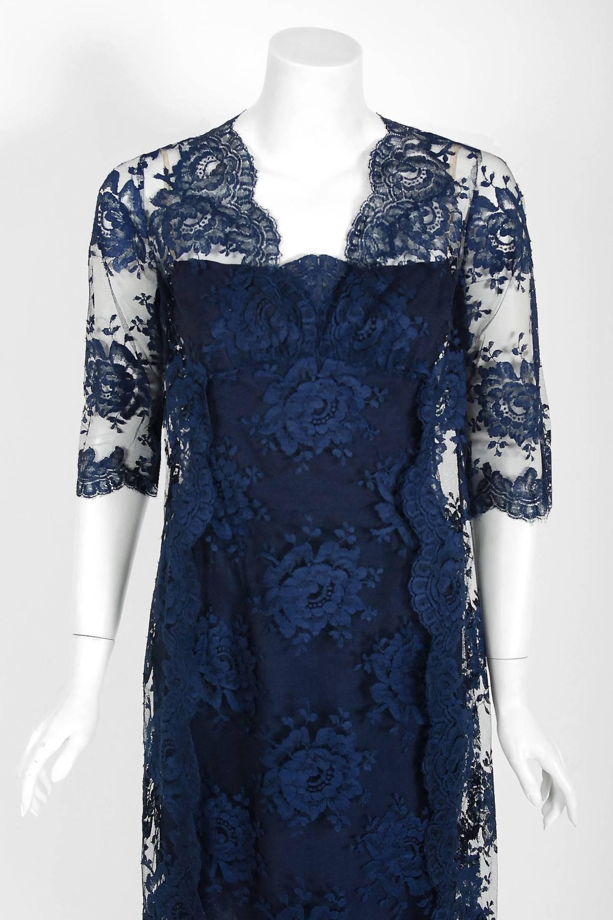 Black 1958 Jean Desses Demi-Couture Navy Rose-Garden Lace Shelf-Bust Cocktail Dress