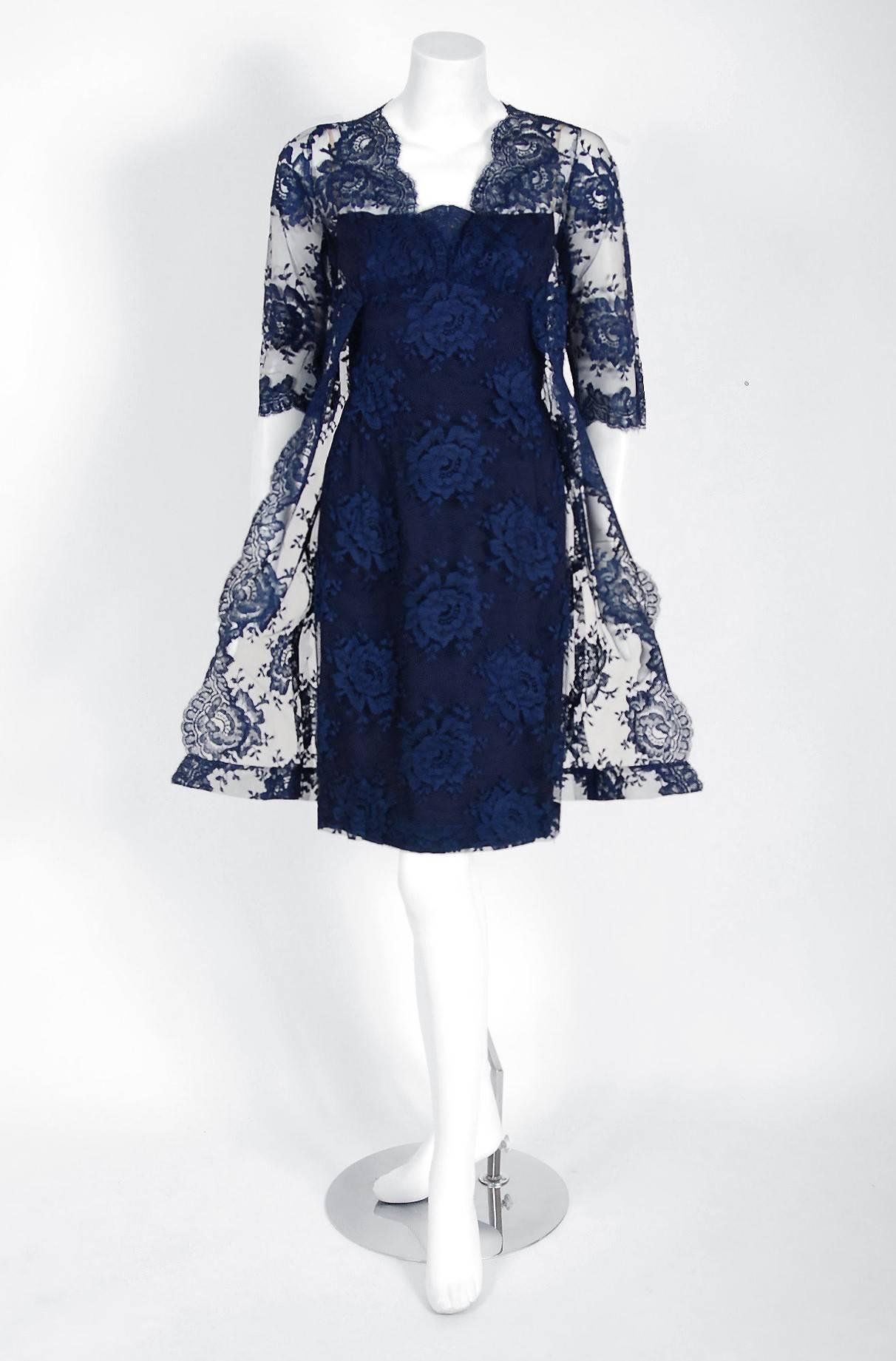 An exceptional Jean Desses demi-couture cocktail dress dating back to the late 1950's. Jean Desses creations are rare, unique and highly collectible. He is one of the most important designers of the 20th century and was a designated Haute Couture