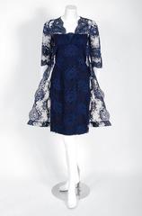 1958 Jean Desses Demi-Couture Navy Rose-Garden Lace Shelf-Bust Cocktail Dress
