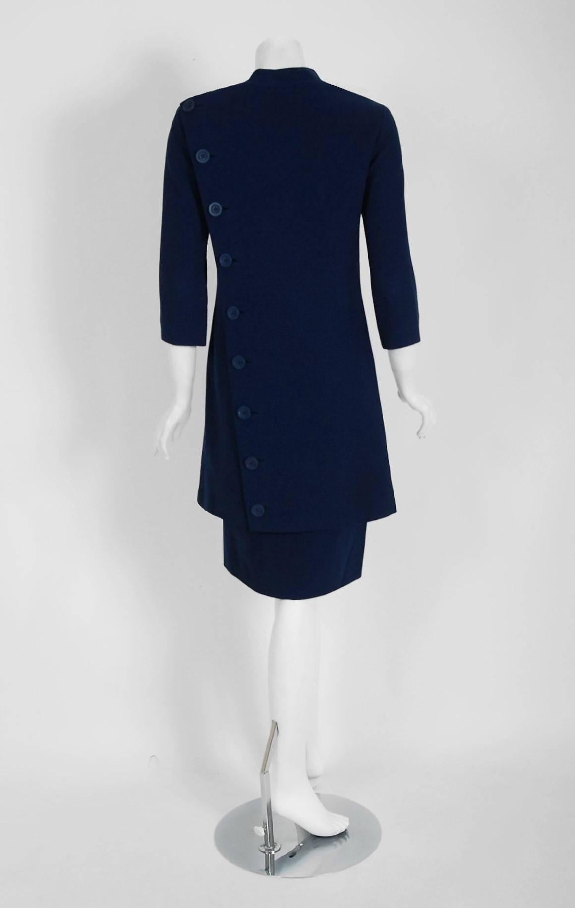 Black 1968 Pierre Balmain Haute-Couture Navy Wool Asymmetric Buttons Mod Dress