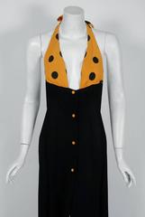 1970's Ossie Clark Black & Yellow Polka-Dot Moss Crepe Halter Plunge Maxi Dress