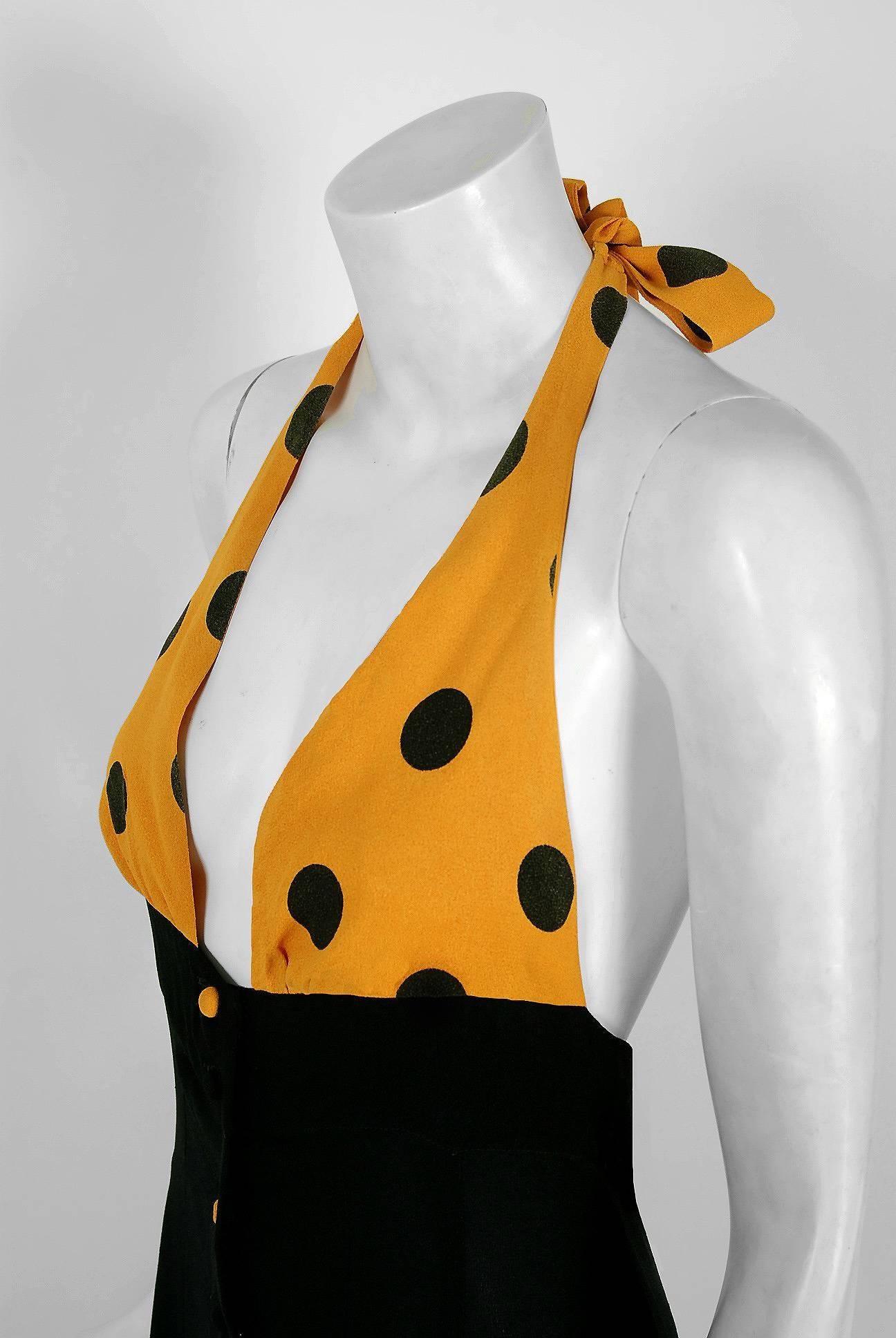 1970's Ossie Clark Black & Yellow Polka-Dot Moss Crepe Halter Plunge Maxi Dress In Excellent Condition In Beverly Hills, CA