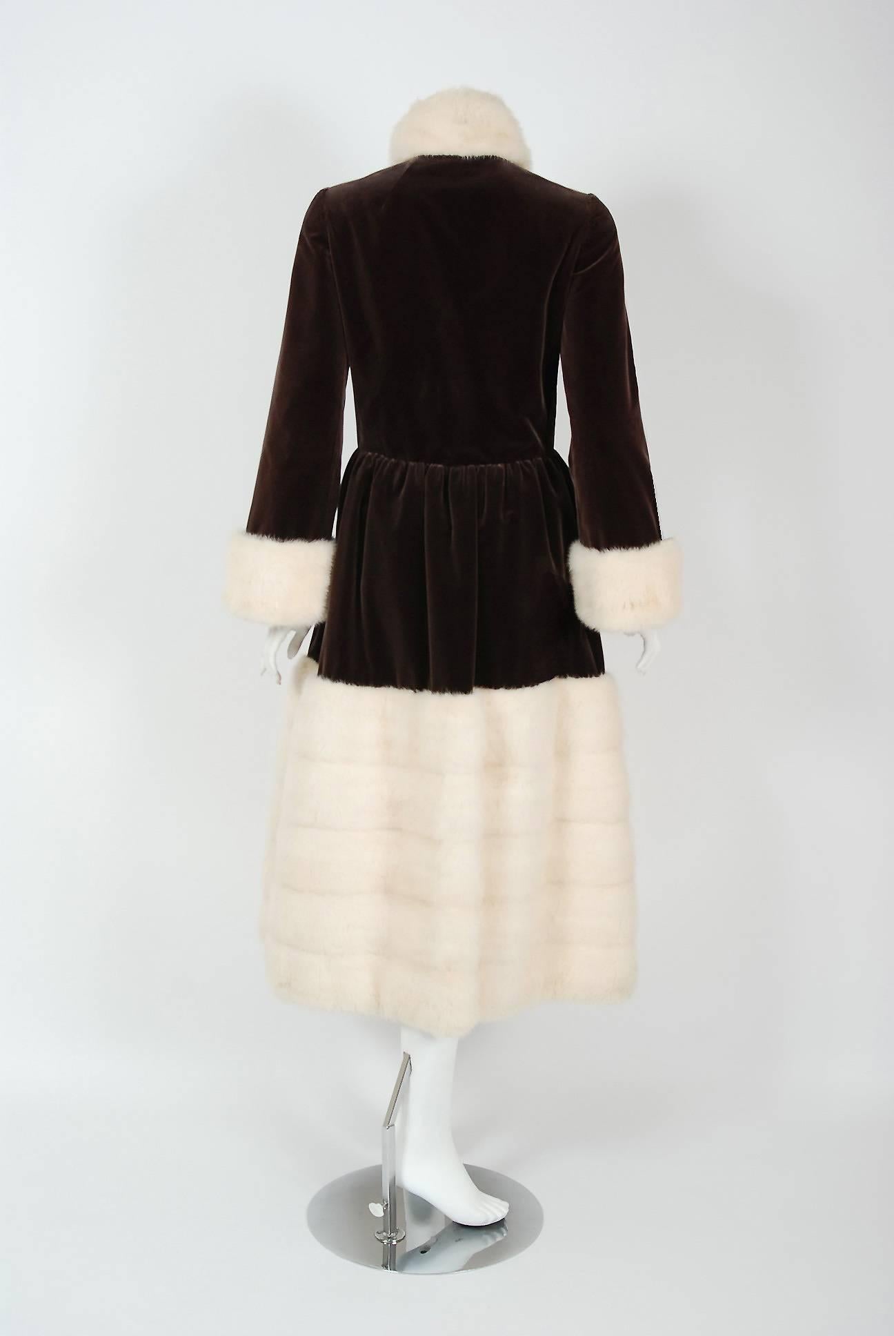 Women's 1970 Norman Norell Documented Brown Velvet & Ivory-White Mink Fur Princess Coat