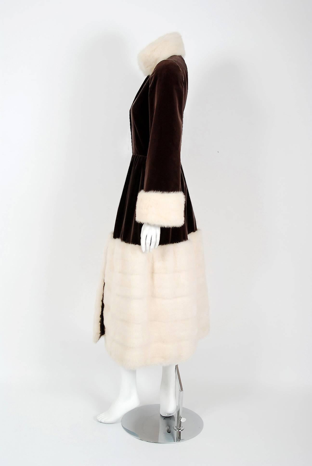 Black 1970 Norman Norell Documented Brown Velvet & Ivory-White Mink Fur Princess Coat