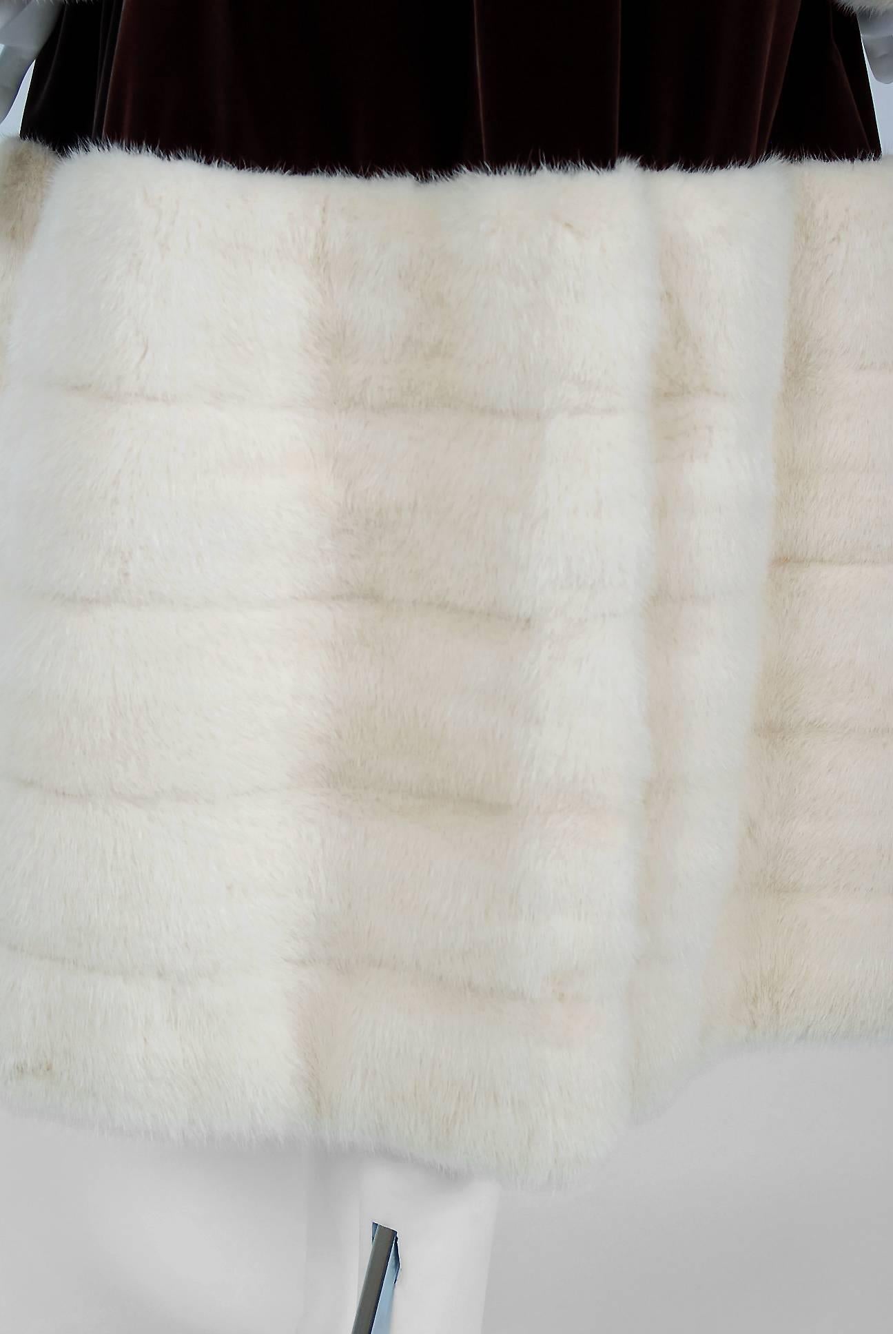 1970 Norman Norell Documented Brown Velvet & Ivory-White Mink Fur Princess Coat 1