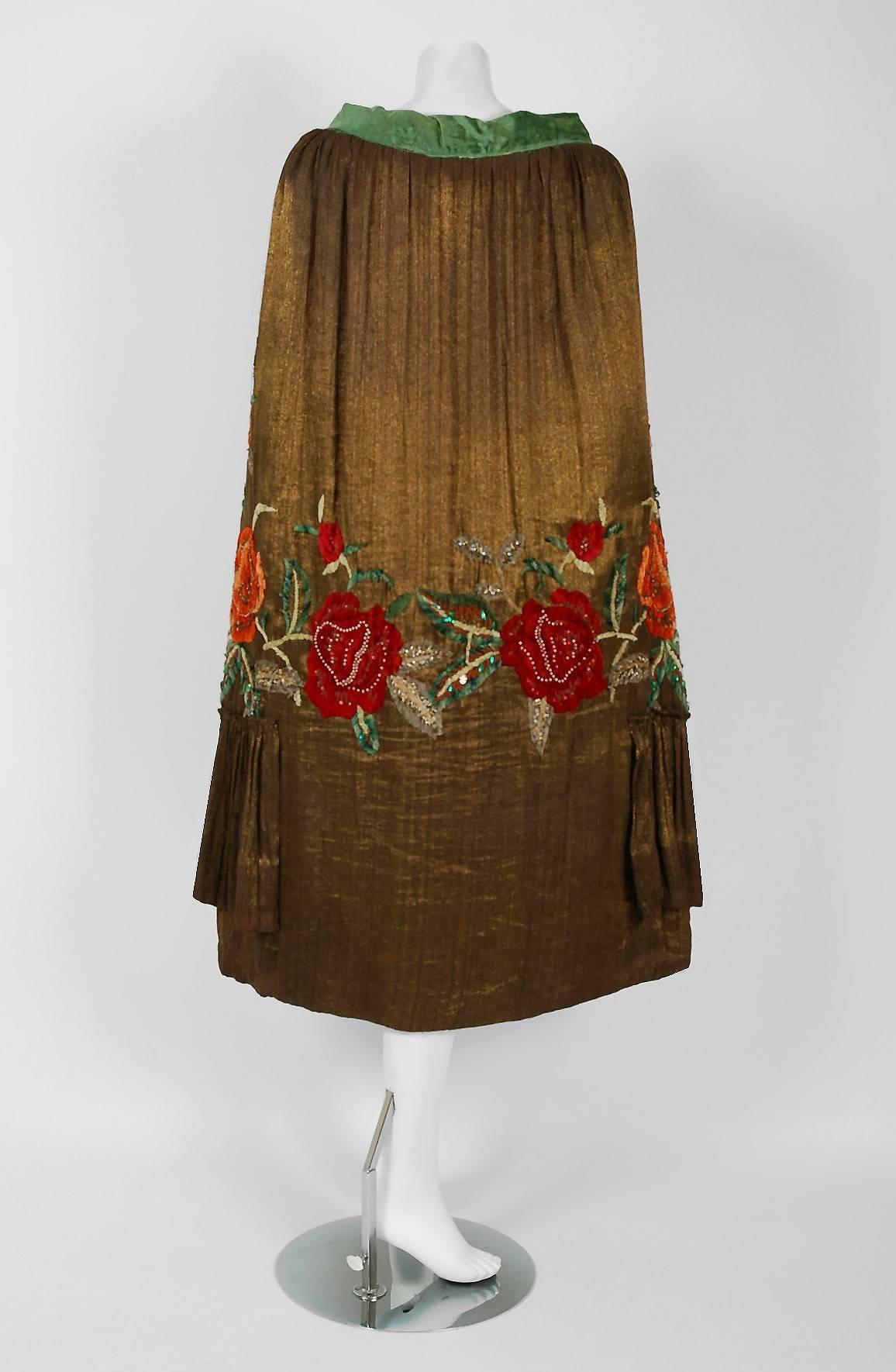 Vintage 1920's French Metallic Lame Embroidered Roses Beaded Jeweled Coat Cape In Good Condition In Beverly Hills, CA