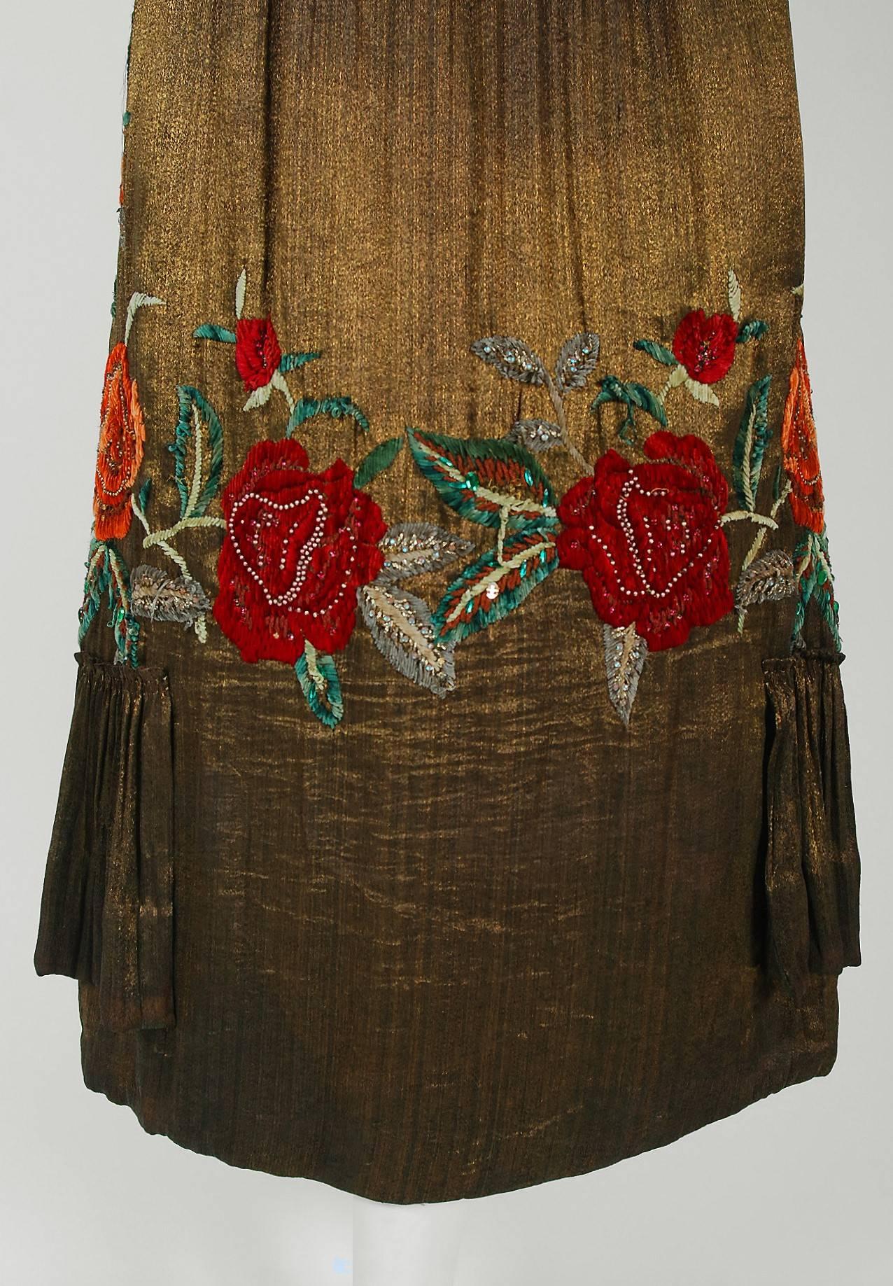 Women's or Men's Vintage 1920's French Metallic Lame Embroidered Roses Beaded Jeweled Coat Cape