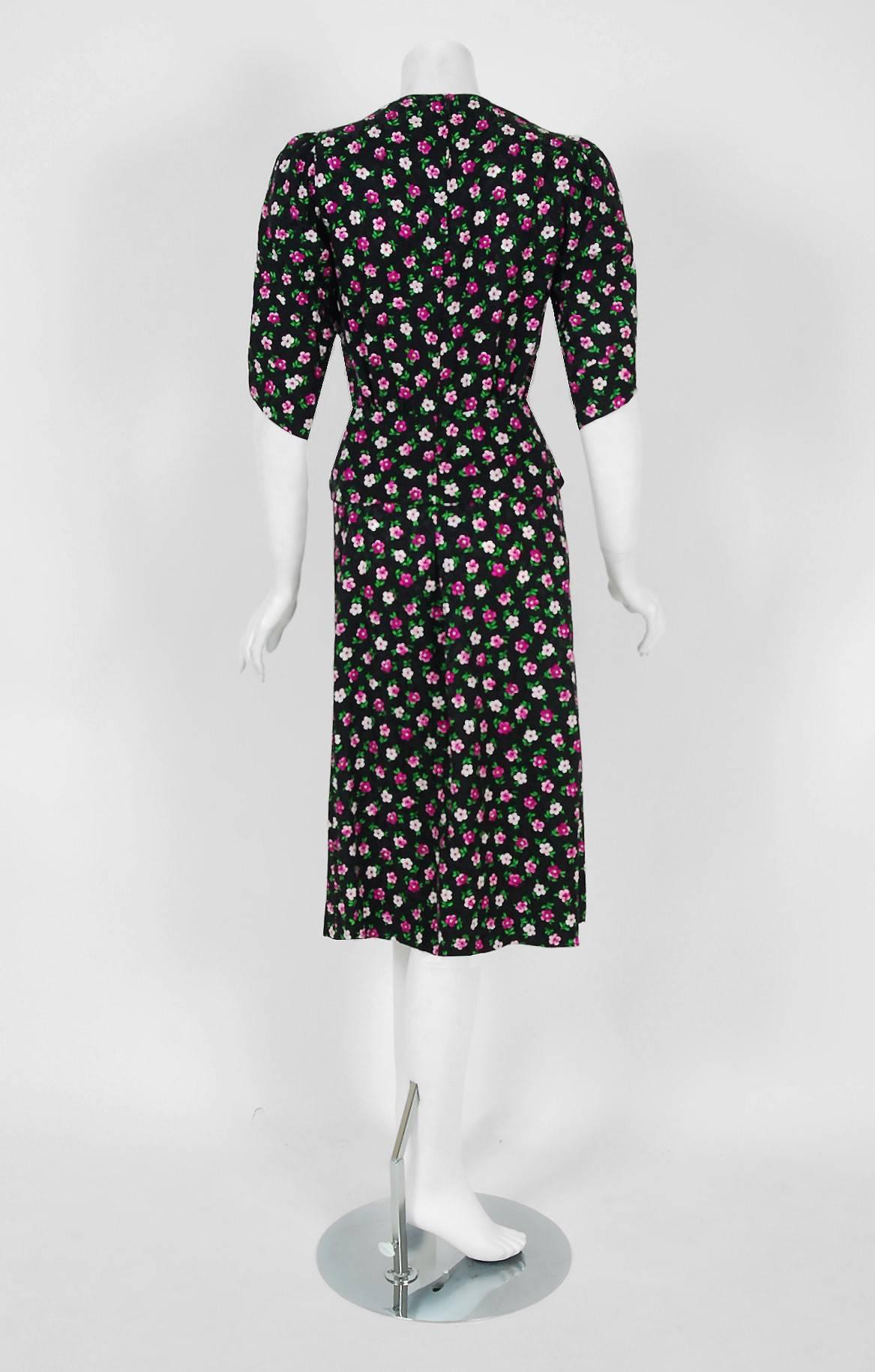 Women's Vintage 1984 Givenchy Demi-Couture Floral Print Silk Petal Sleeve Blouse & Skirt