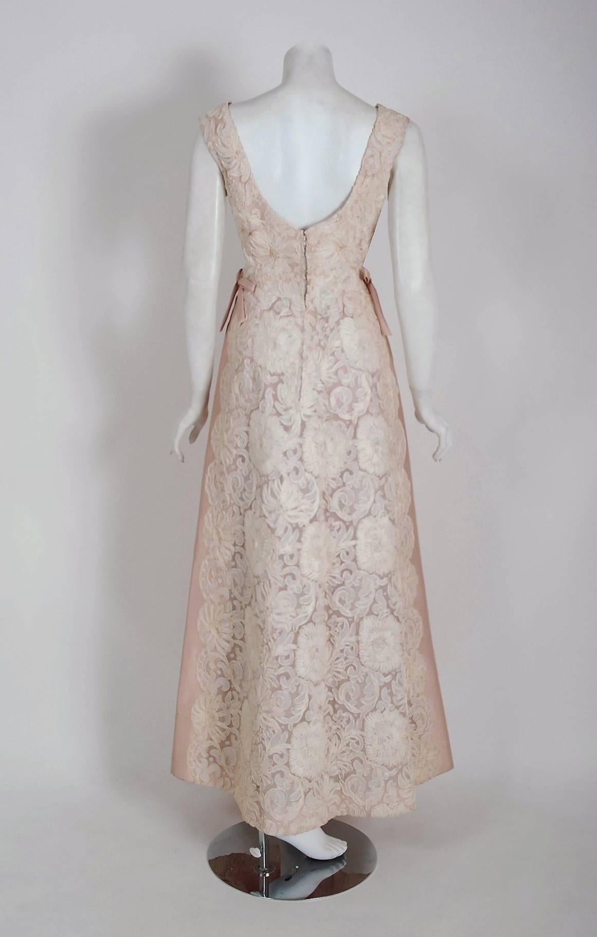 1966 Pierre Balmain Haute-Couture Blush Pink Embroidered Floral Silk Lace Gown 1