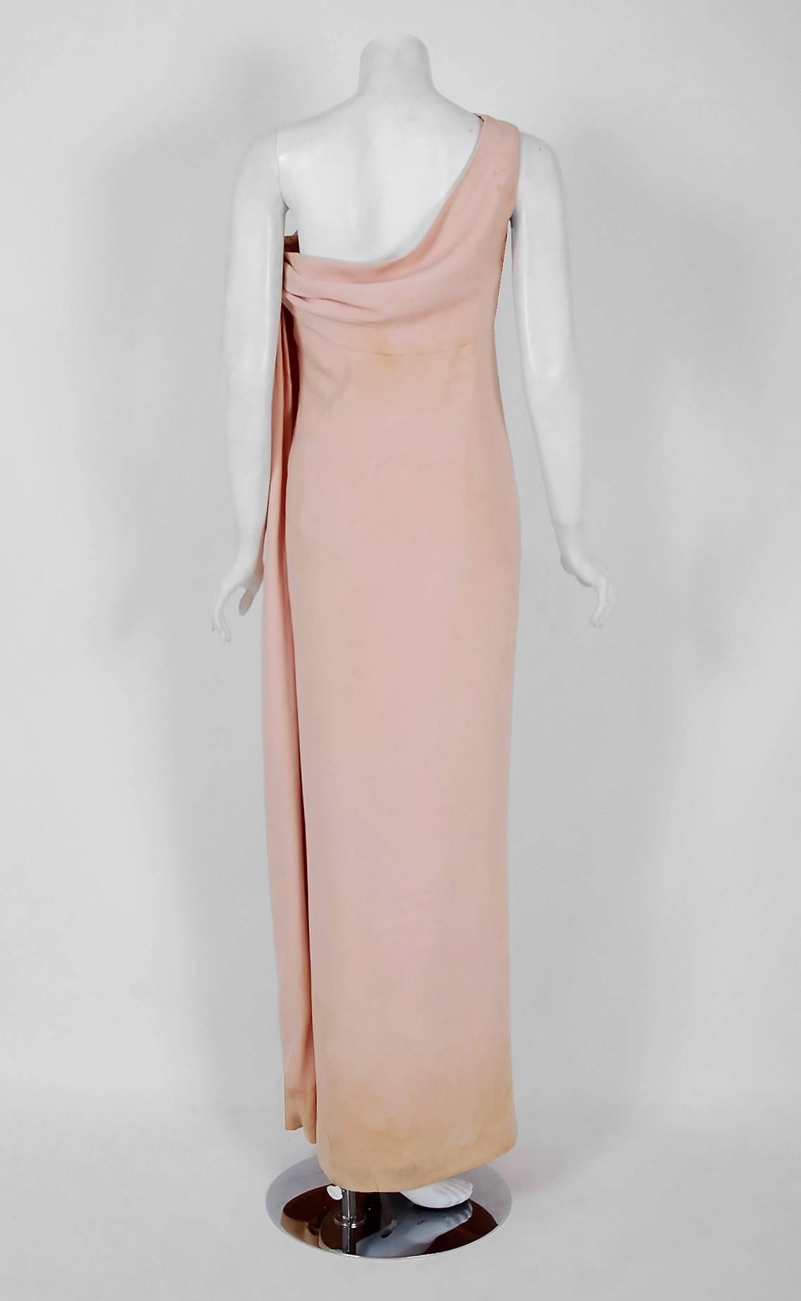 Beige 1961 Christian Dior Haute-Couture Documented Champagne Pink Silk Goddess Gown