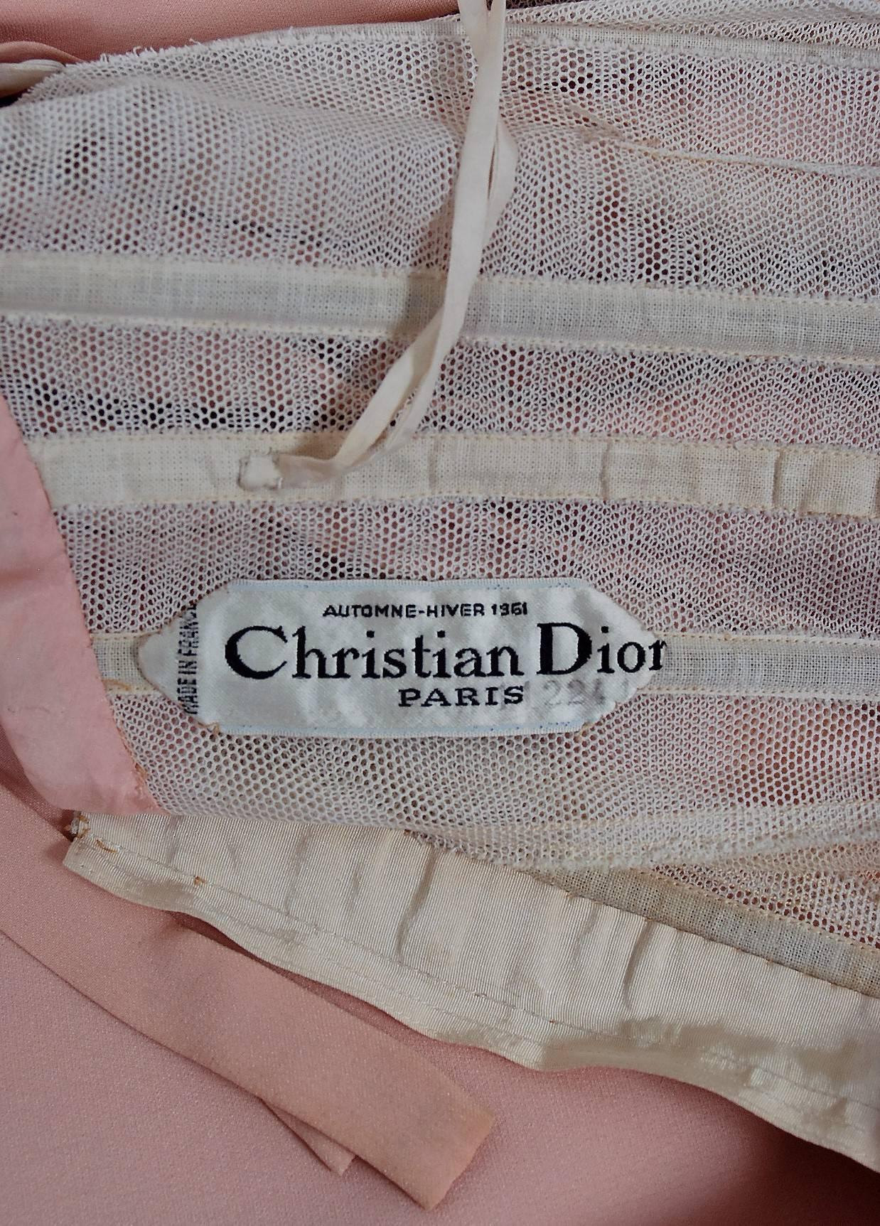 1961 Christian Dior Haute-Couture Documented Champagne Pink Silk Goddess Gown In Good Condition In Beverly Hills, CA