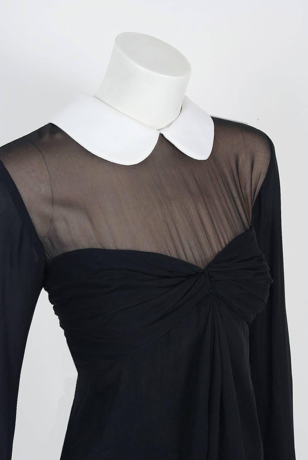 1990's Bill Blass Black Silk-Chiffon Babydoll Collar Illusion Cocktail Dress In Excellent Condition In Beverly Hills, CA