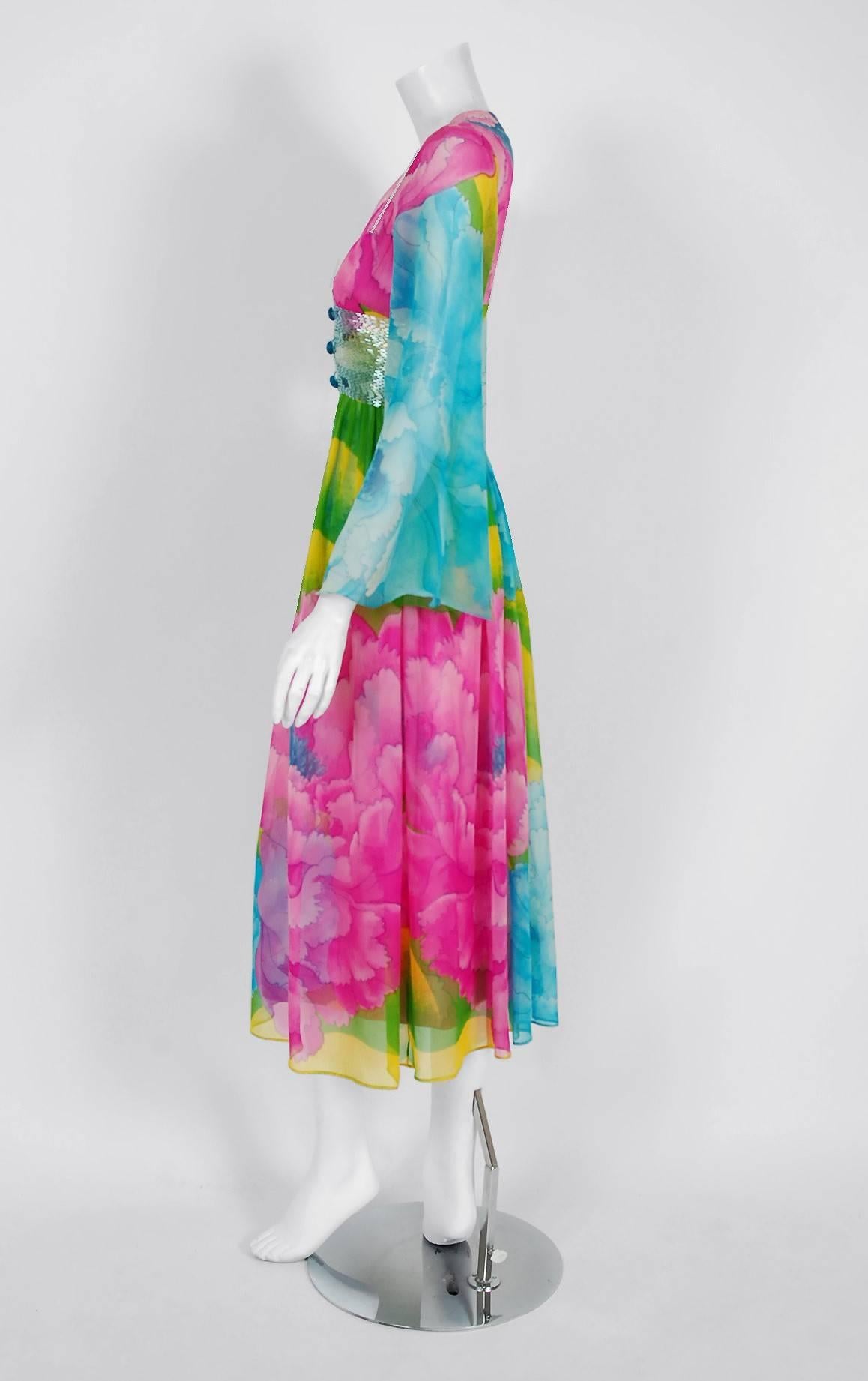 1972 Hanae Mori Couture Beaded Floral Print Silk Chiffon Angel-Sleeve Dress In Excellent Condition In Beverly Hills, CA