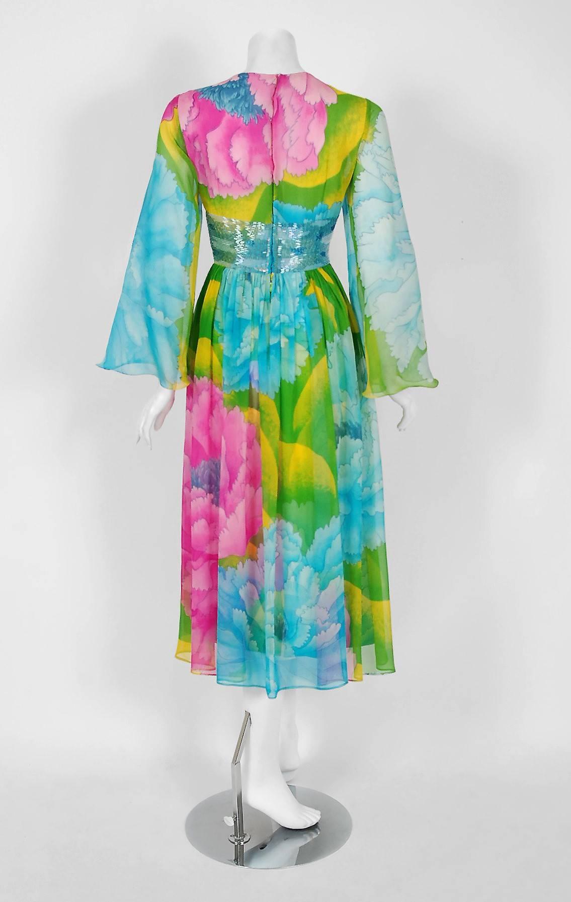 Women's 1972 Hanae Mori Couture Beaded Floral Print Silk Chiffon Angel-Sleeve Dress