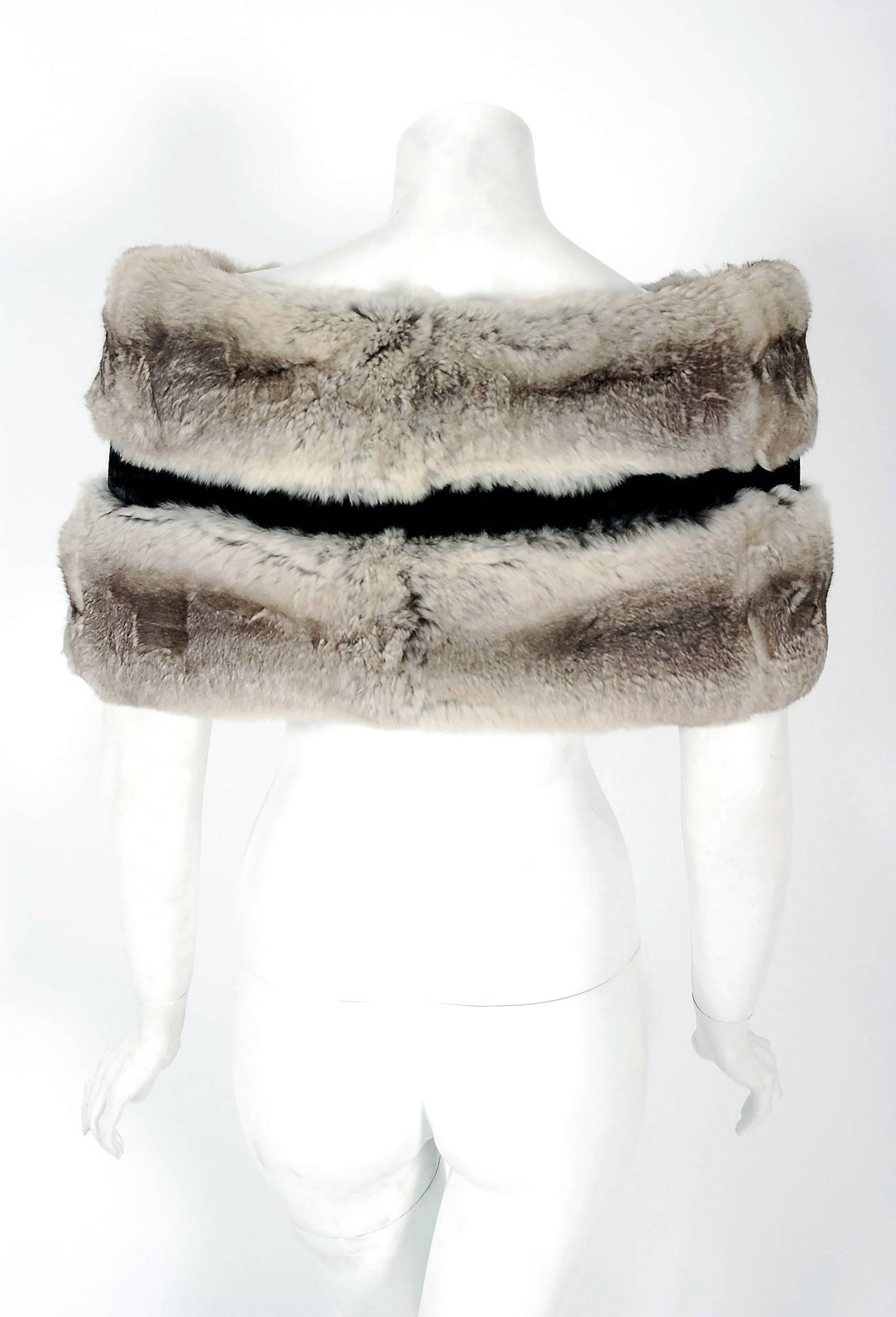 1950's Rosengarten Couture Dramatic Chinchilla Fur & Velvet Cape Stole Shawl In Excellent Condition In Beverly Hills, CA