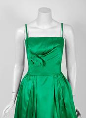 Emerald Green Satin Sculpted Rose Applique Dress and Matching Coat, 1950s