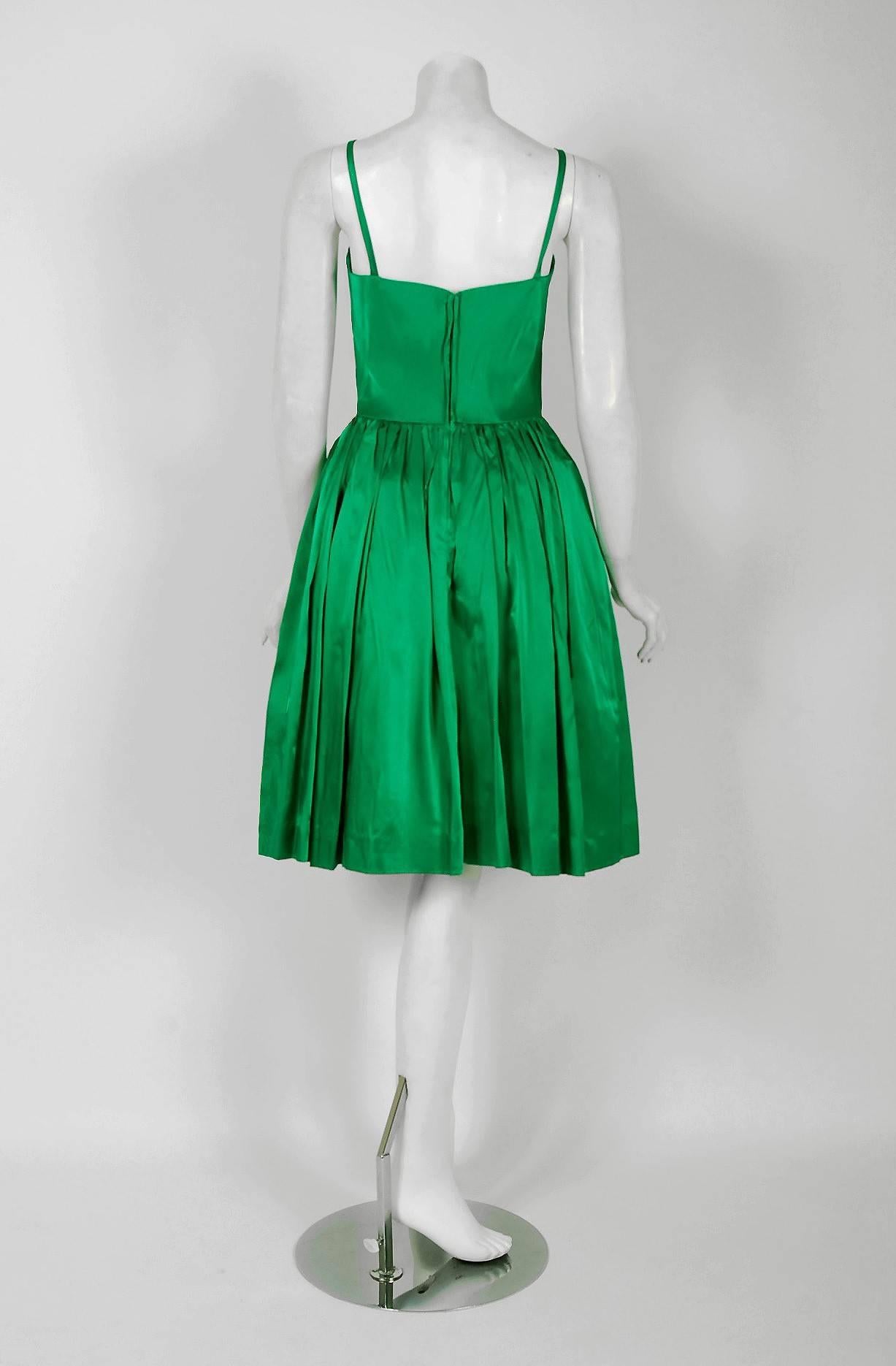 Blue Emerald Green Satin Sculpted Rose Applique Dress and Matching Coat, 1950s