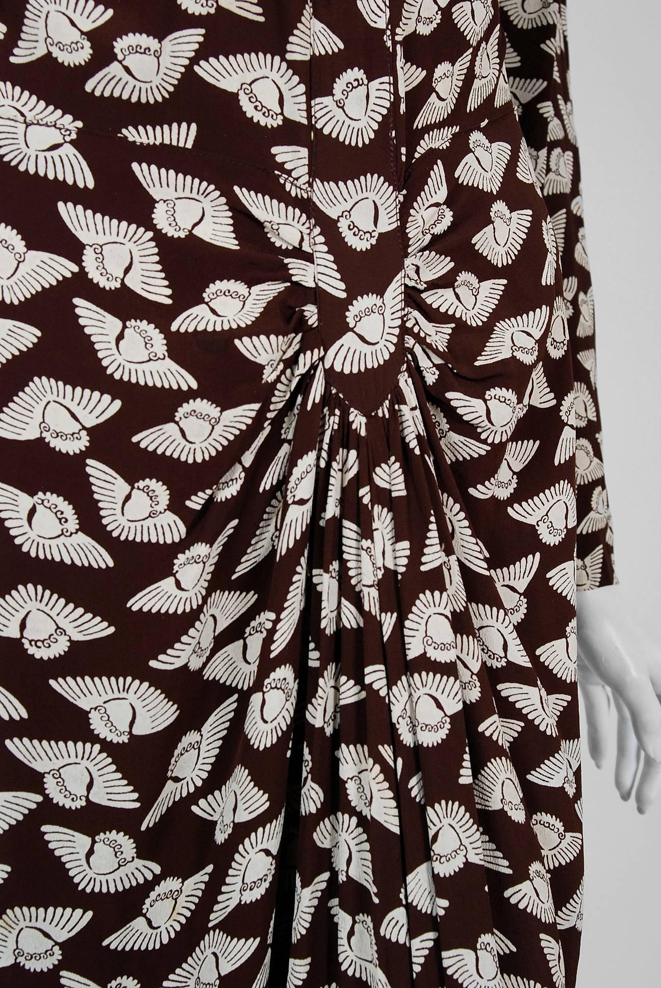 Beige 1930's Flying Angels Novelty-Print Silk Rayon Draped Bias-Cut Full Length Dress