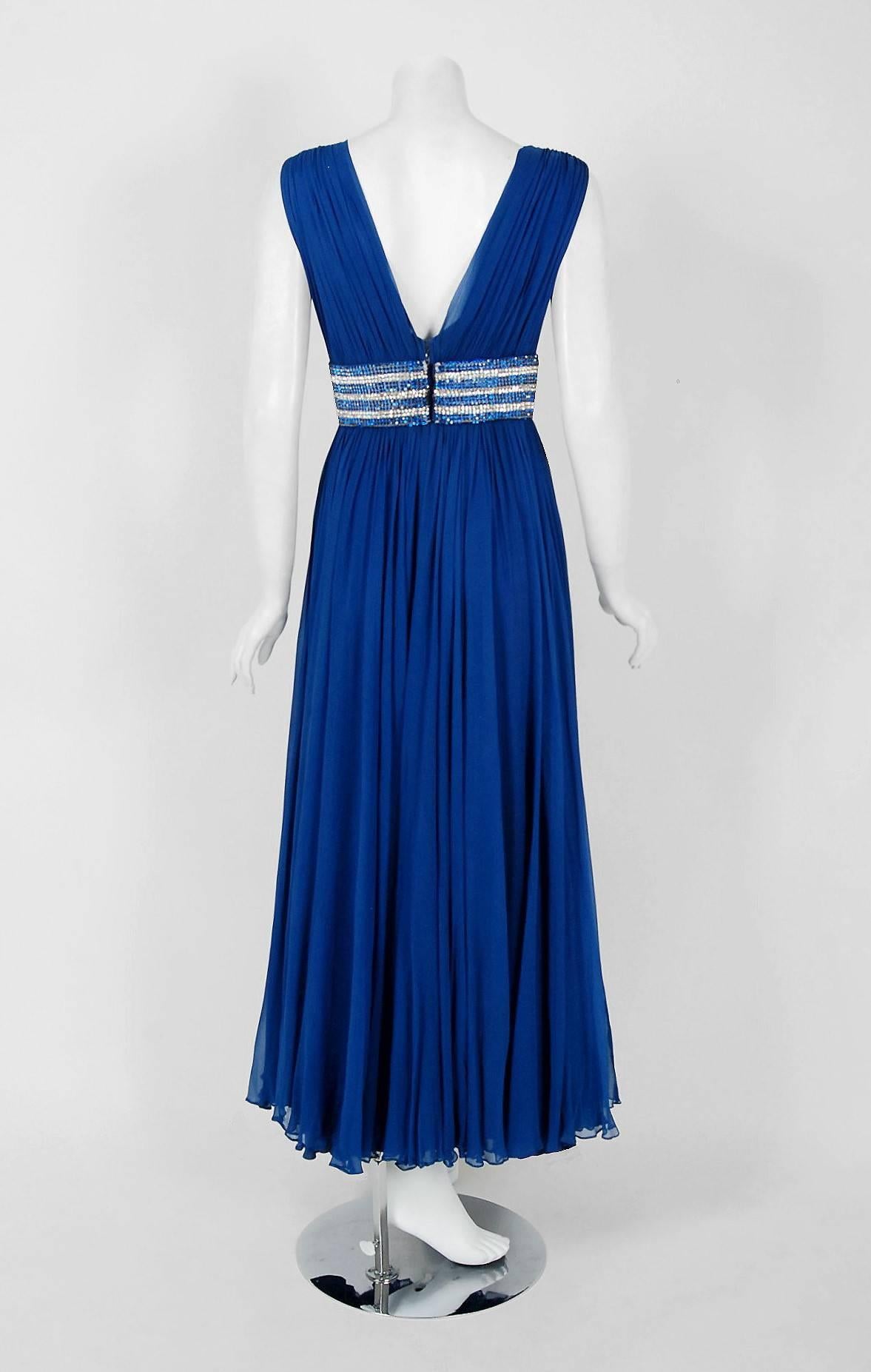 1960's Bob Bugnand Sapphire-Blue Draped Silk Chiffon Rhinestone Goddess Gown  1