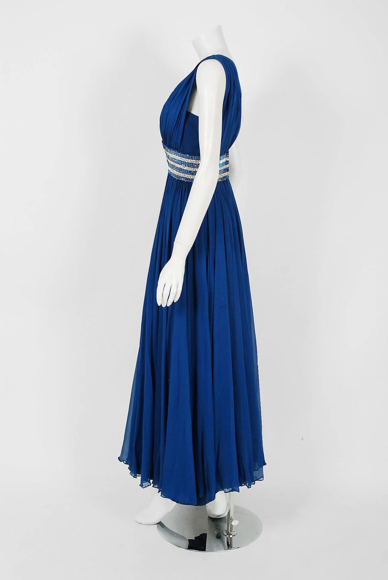 Women's 1960's Bob Bugnand Sapphire-Blue Draped Silk Chiffon Rhinestone Goddess Gown 