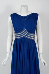 1960's Bob Bugnand Sapphire-Blue Draped Silk Chiffon Rhinestone Goddess Gown