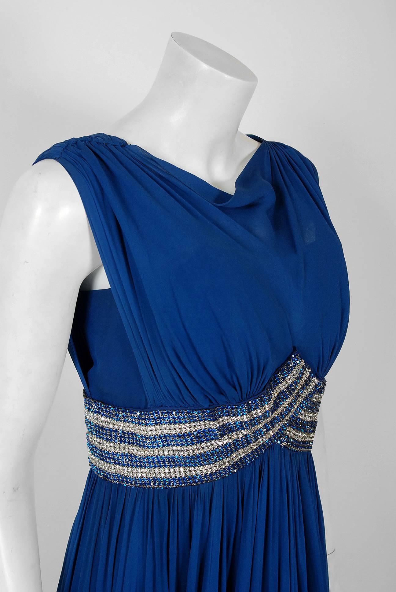 Purple 1960's Bob Bugnand Sapphire-Blue Draped Silk Chiffon Rhinestone Goddess Gown 