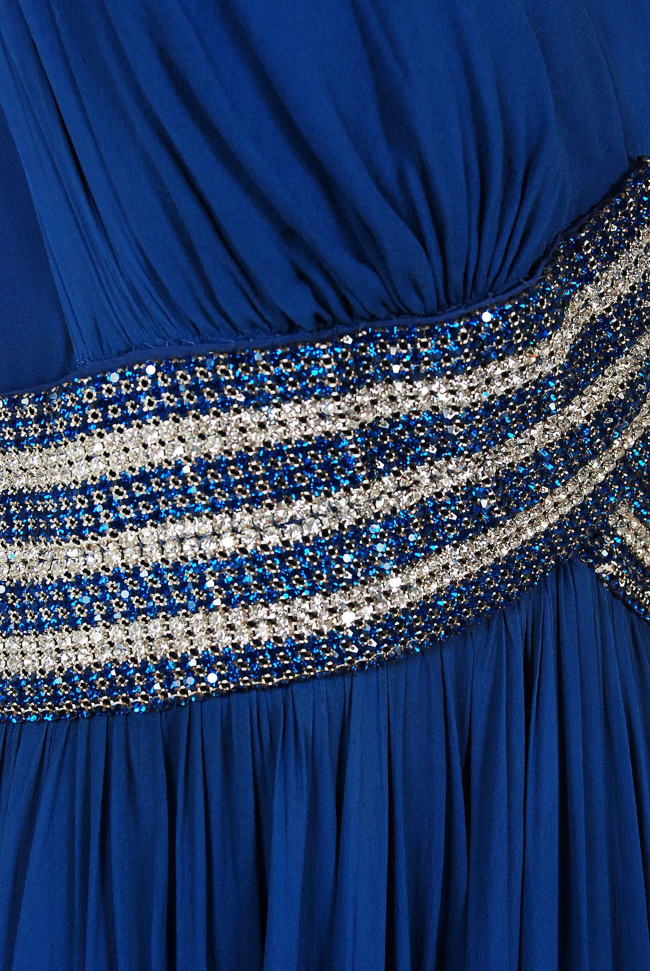 1960's Bob Bugnand Sapphire-Blue Draped Silk Chiffon Rhinestone Goddess Gown  In Excellent Condition In Beverly Hills, CA