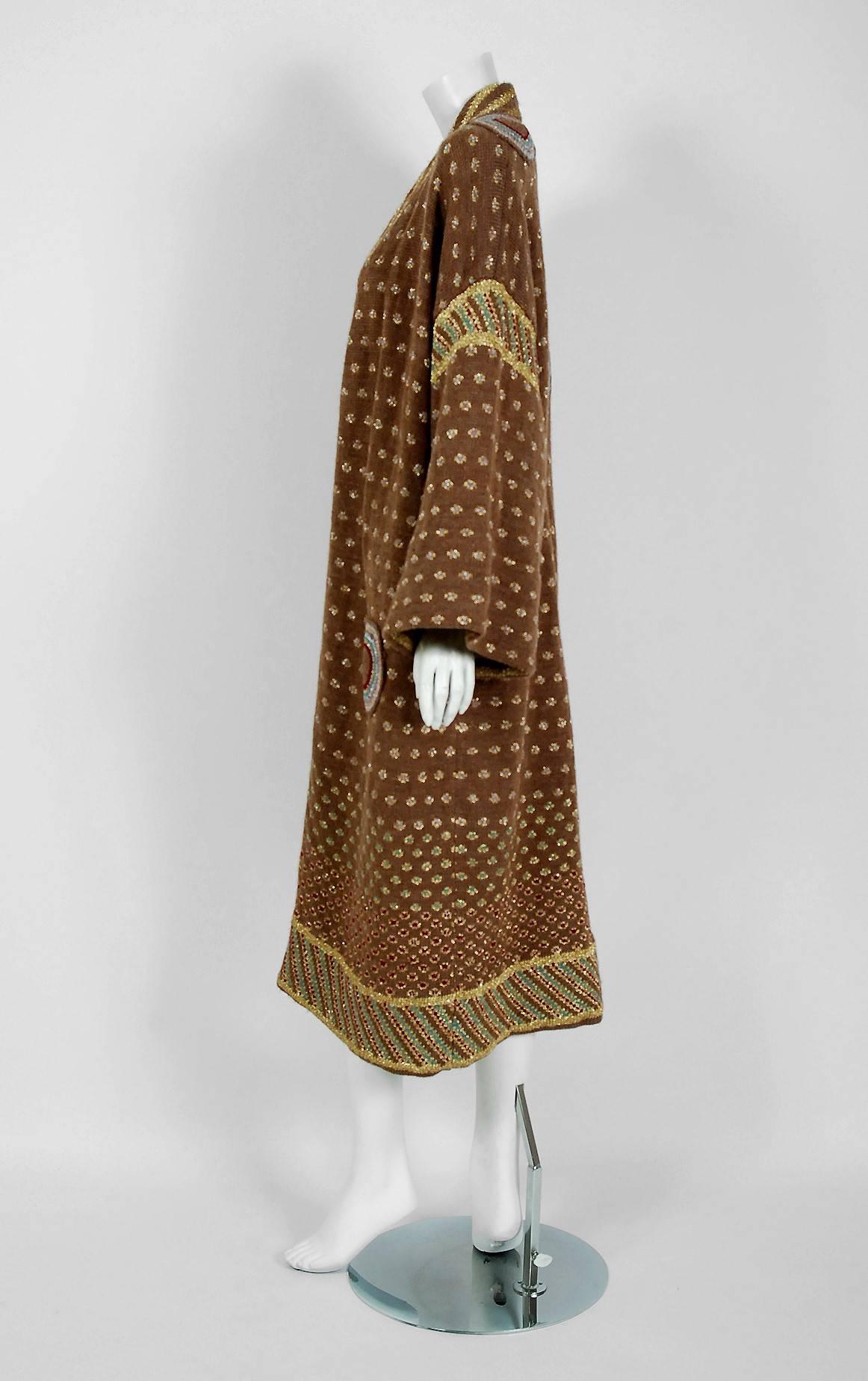 Women's or Men's 1974 Bill Gibbs Colorful Metallic Hand-Knit Wool Applique Kimono Sweater Jacket
