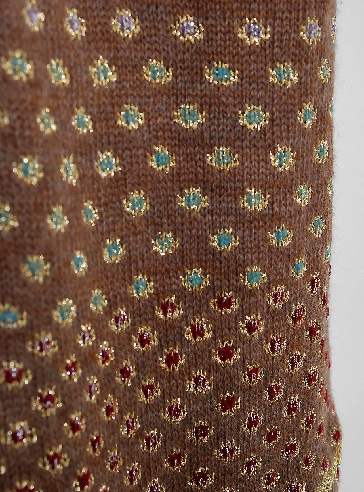 Brown 1974 Bill Gibbs Colorful Metallic Hand-Knit Wool Applique Kimono Sweater Jacket