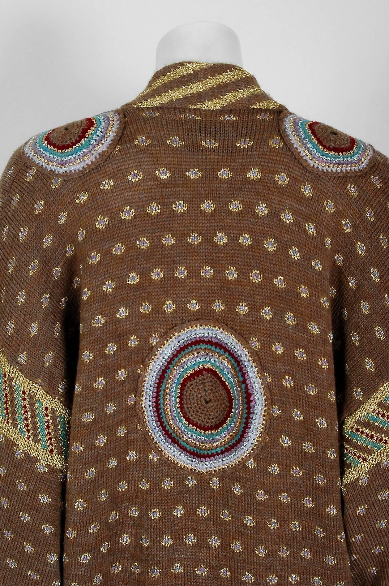 1974 Bill Gibbs Colorful Metallic Hand-Knit Wool Applique Kimono Sweater Jacket 2
