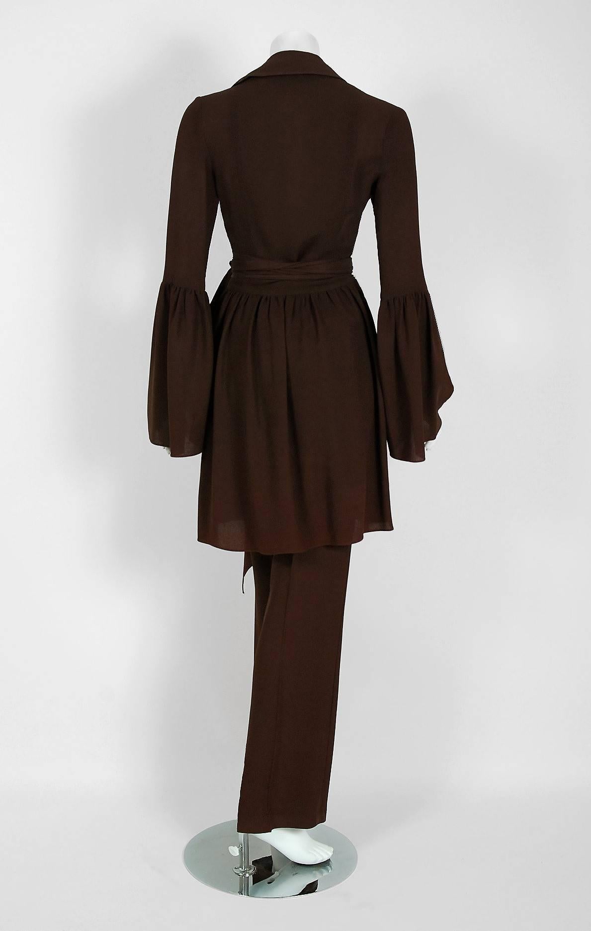 1971 Ossie Clark Brown Moss-Crepe & Satin Bell-Sleeve Plunge Dress Pant Suit 1