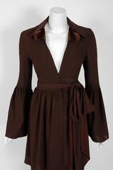 1971 Ossie Clark Brown Moss-Crepe & Satin Bell-Sleeve Plunge Dress Pant Suit
