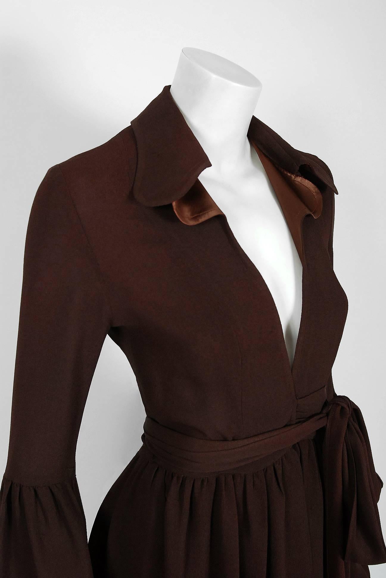Black 1971 Ossie Clark Brown Moss-Crepe & Satin Bell-Sleeve Plunge Dress Pant Suit